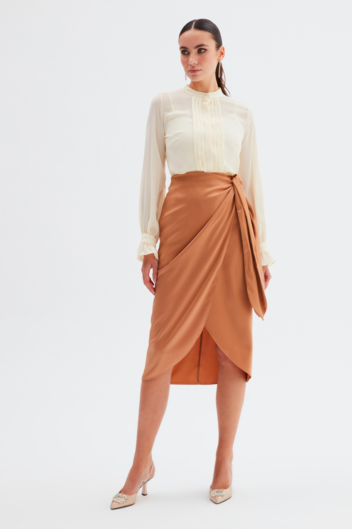 Bağlama Detaylı Kruvaze Etek - CAMEL