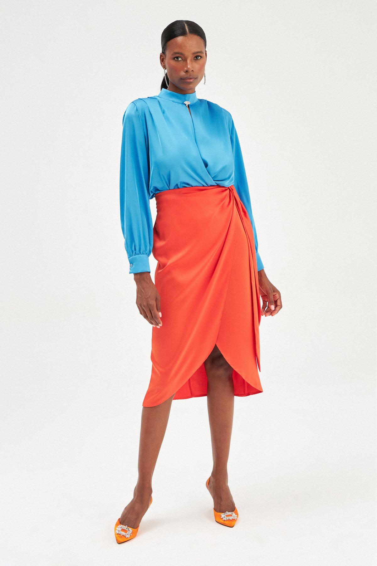 Bağlama Detaylı Kruvaze Etek - ORANJ