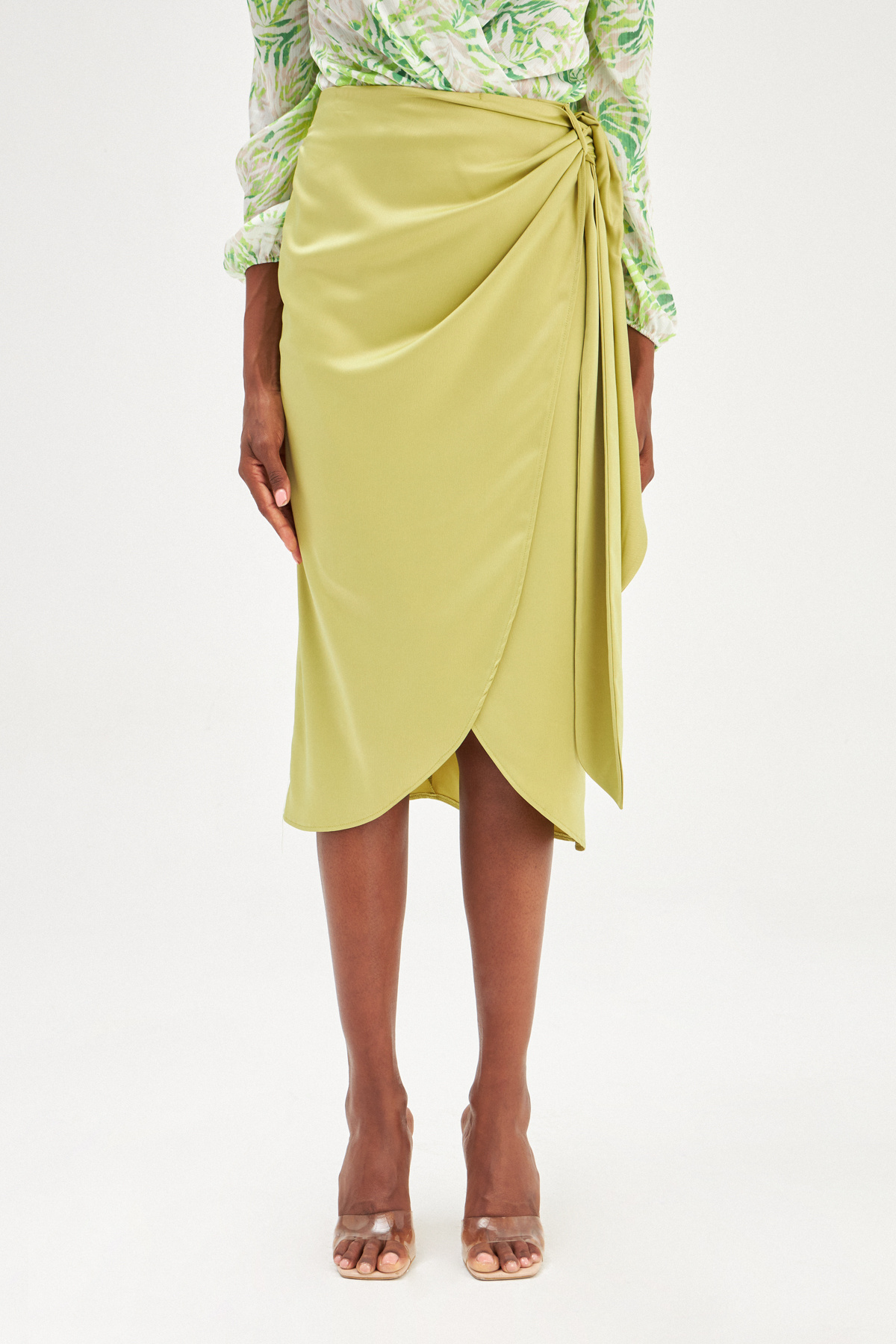 Bağlama Detaylı Kruvaze Etek - YAĞ YEŞİLİ