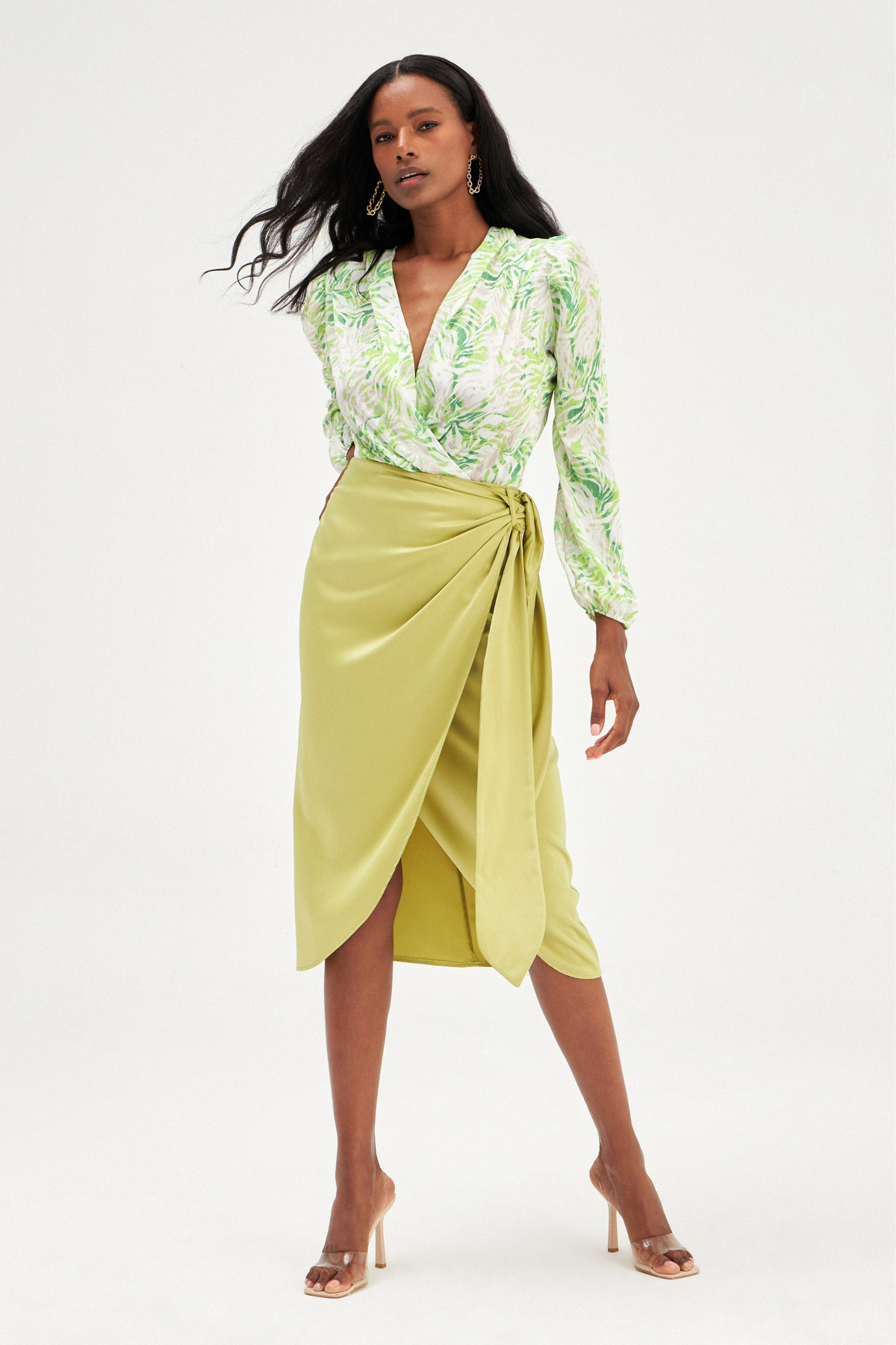 Bağlama Detaylı Kruvaze Etek - YAĞ YEŞİLİ