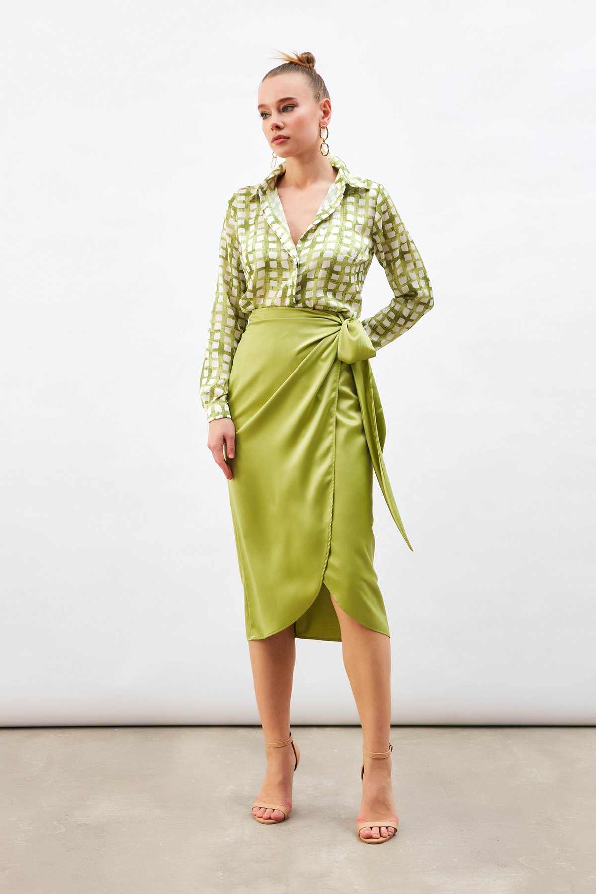 Bağlama Detaylı Kruvaze Etek - YEŞİL