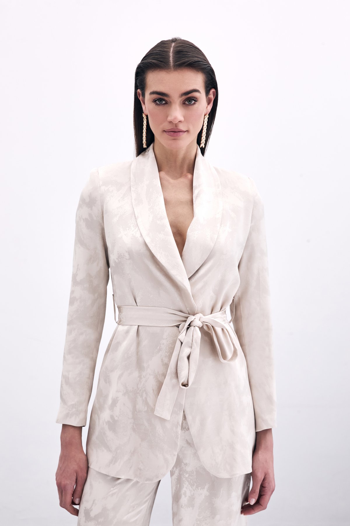 Bağlamalı Jakarlı Ceket - Bej