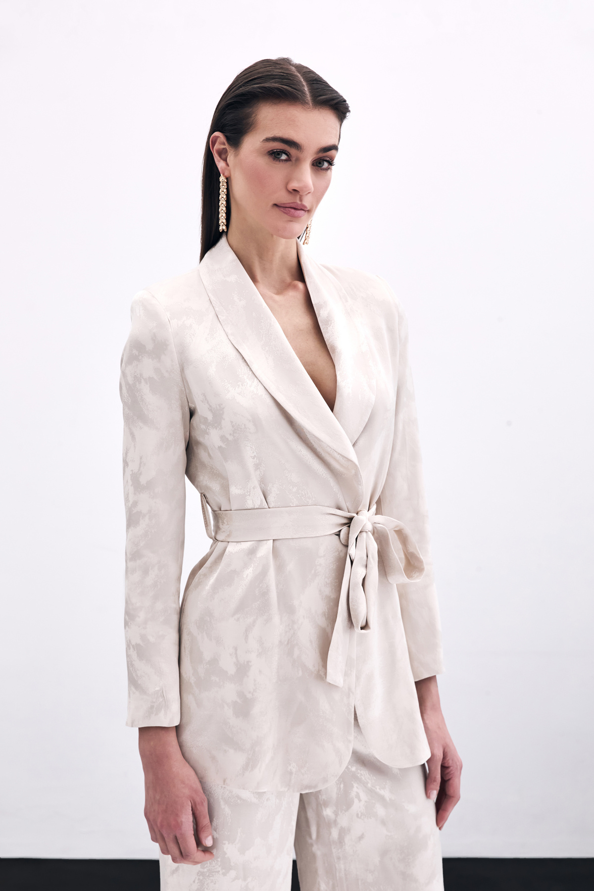 Bağlamalı Jakarlı Ceket - Bej