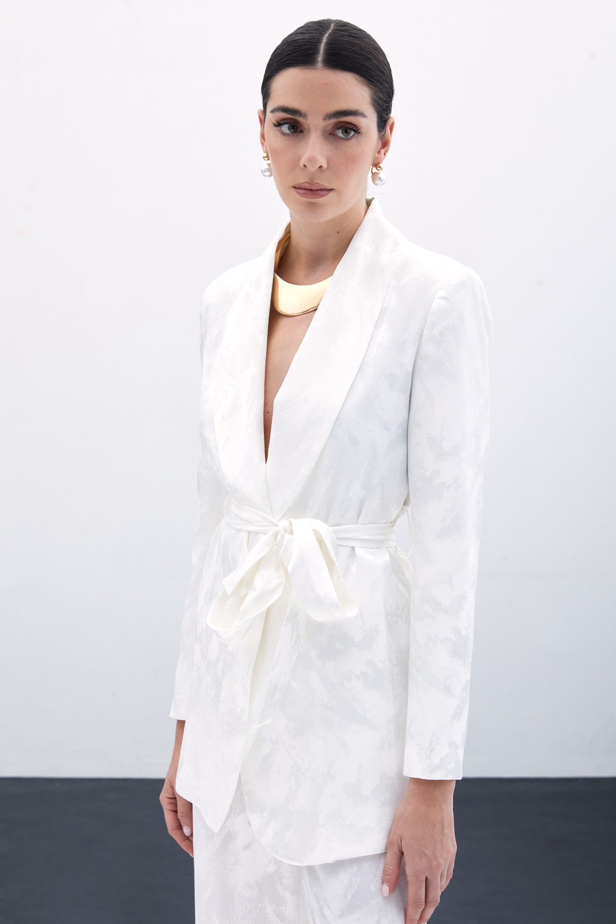 Bağlamalı Jakarlı Ceket - Ekru