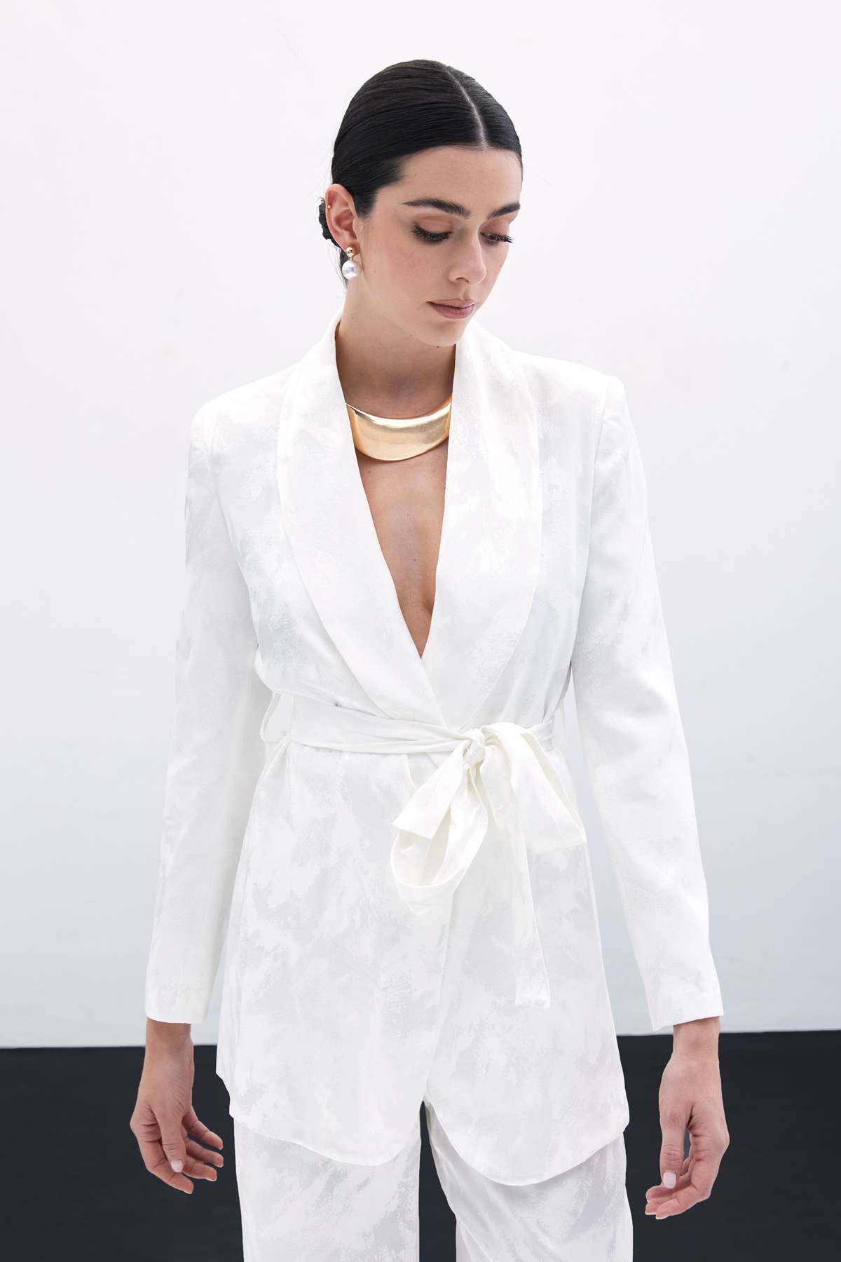 Bağlamalı Jakarlı Ceket - Ekru