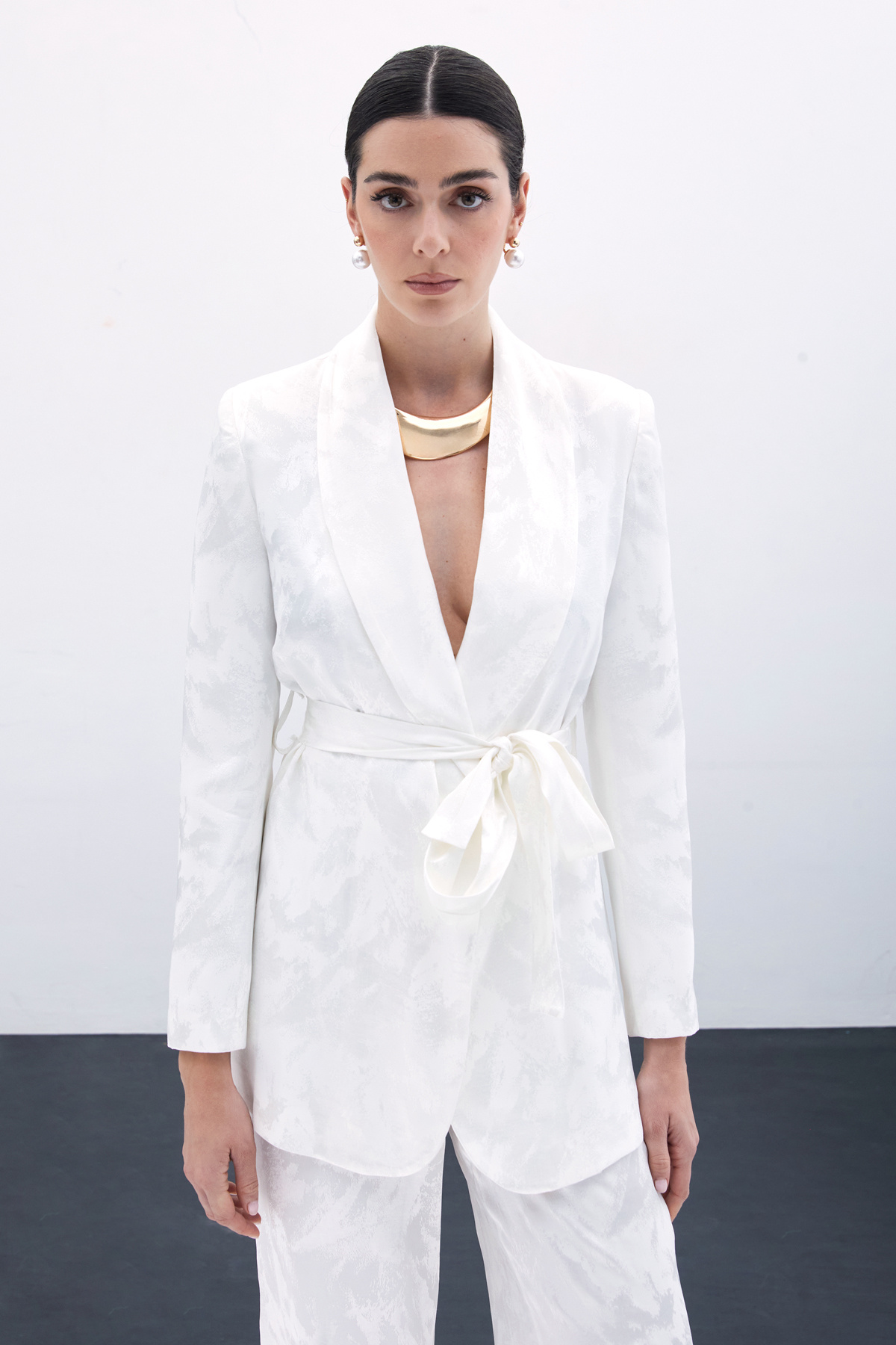 Bağlamalı Jakarlı Ceket - Ekru