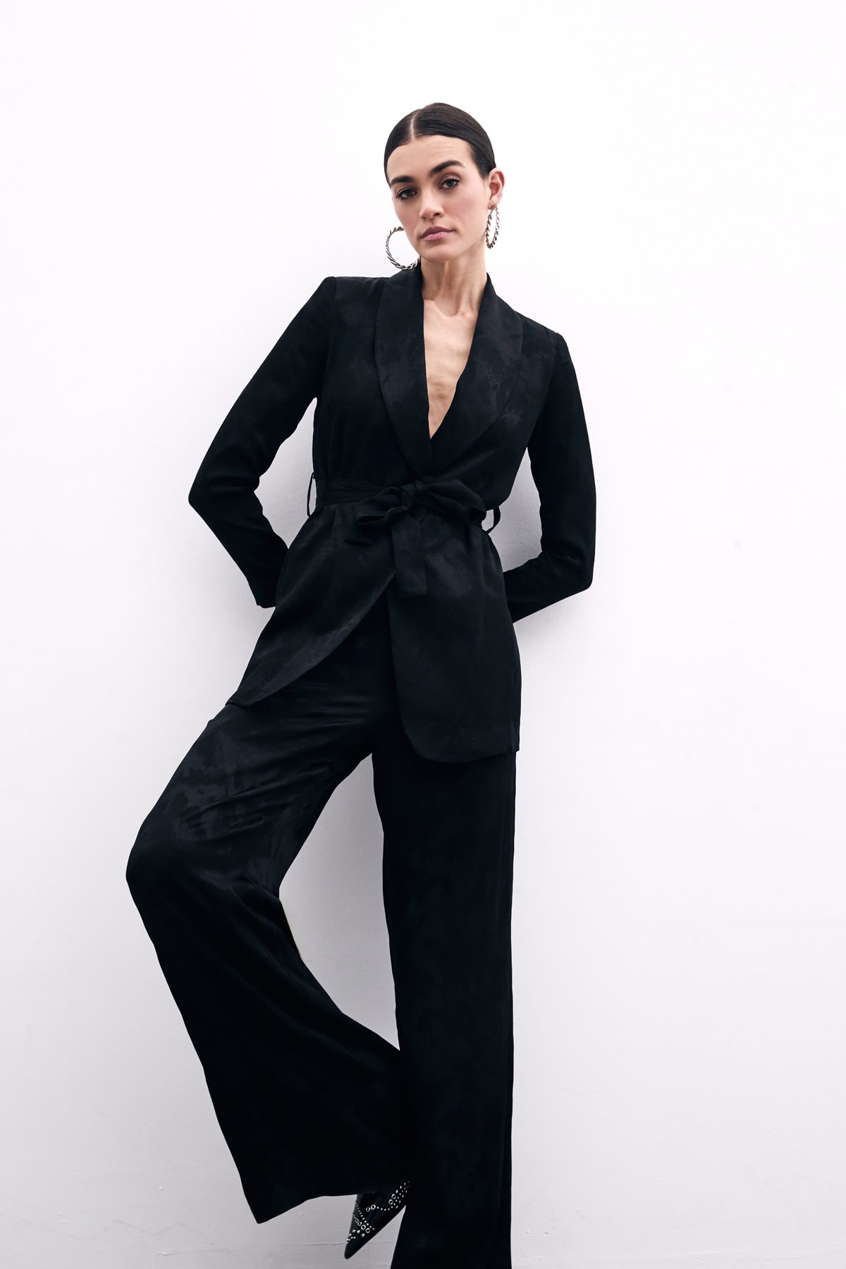 Bağlamalı Jakarlı Ceket - Siyah