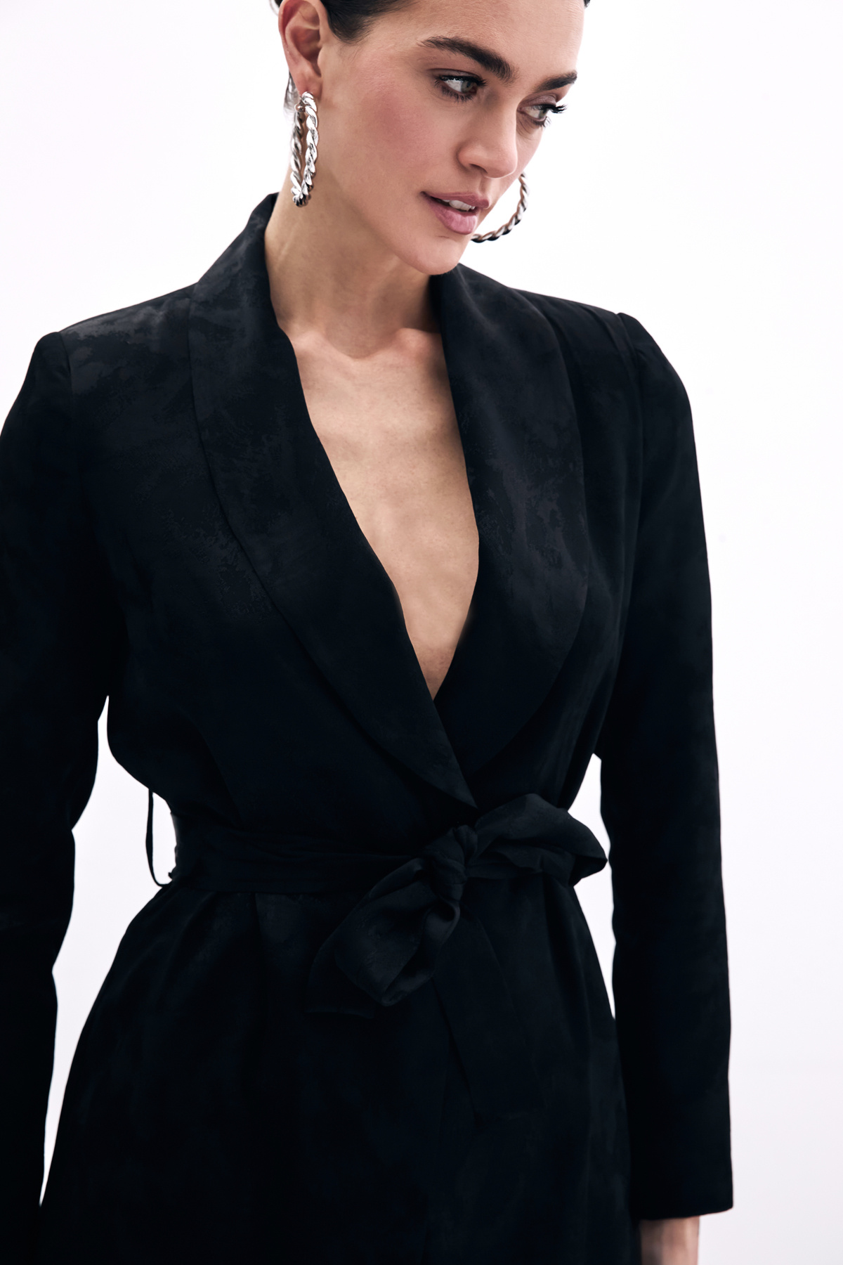 Bağlamalı Jakarlı Ceket - Siyah