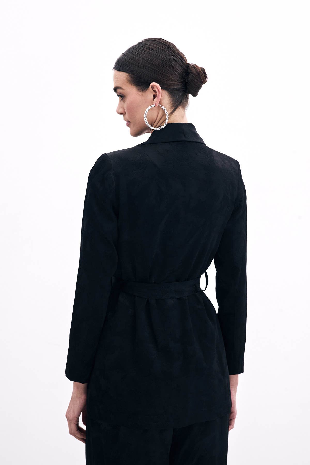 Bağlamalı Jakarlı Ceket - Siyah