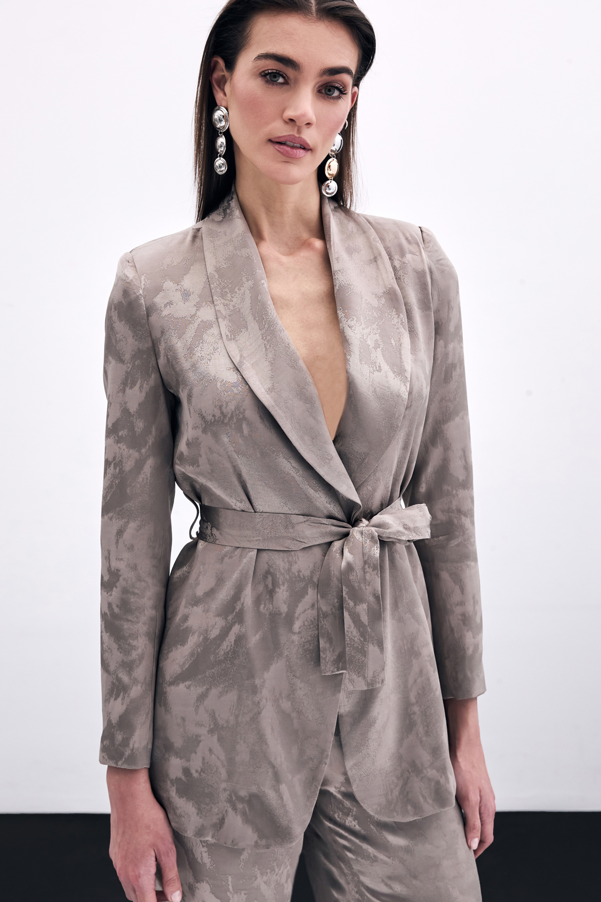 Bağlamalı Jakarlı Ceket - Vizon