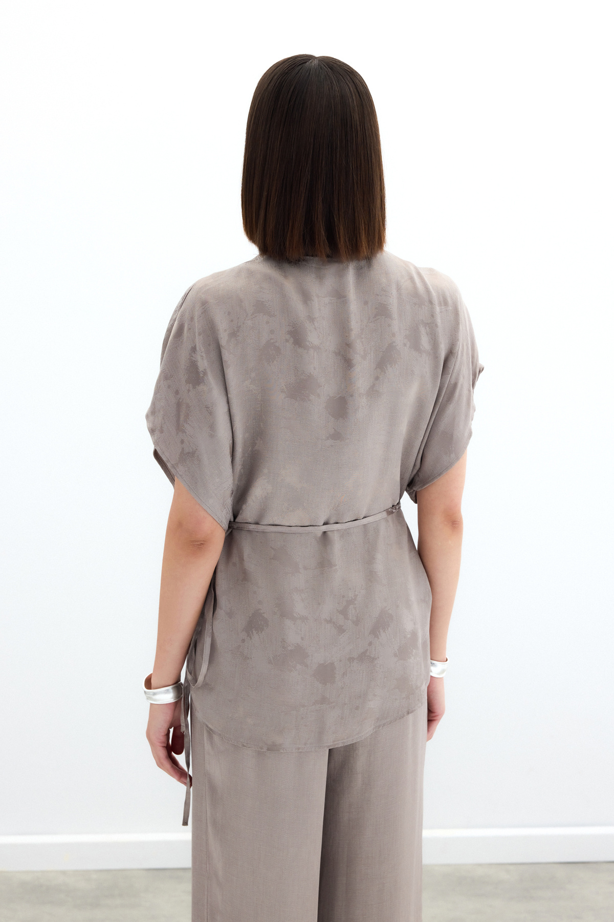 Tied Jacquard Satin Blouse - Mınk