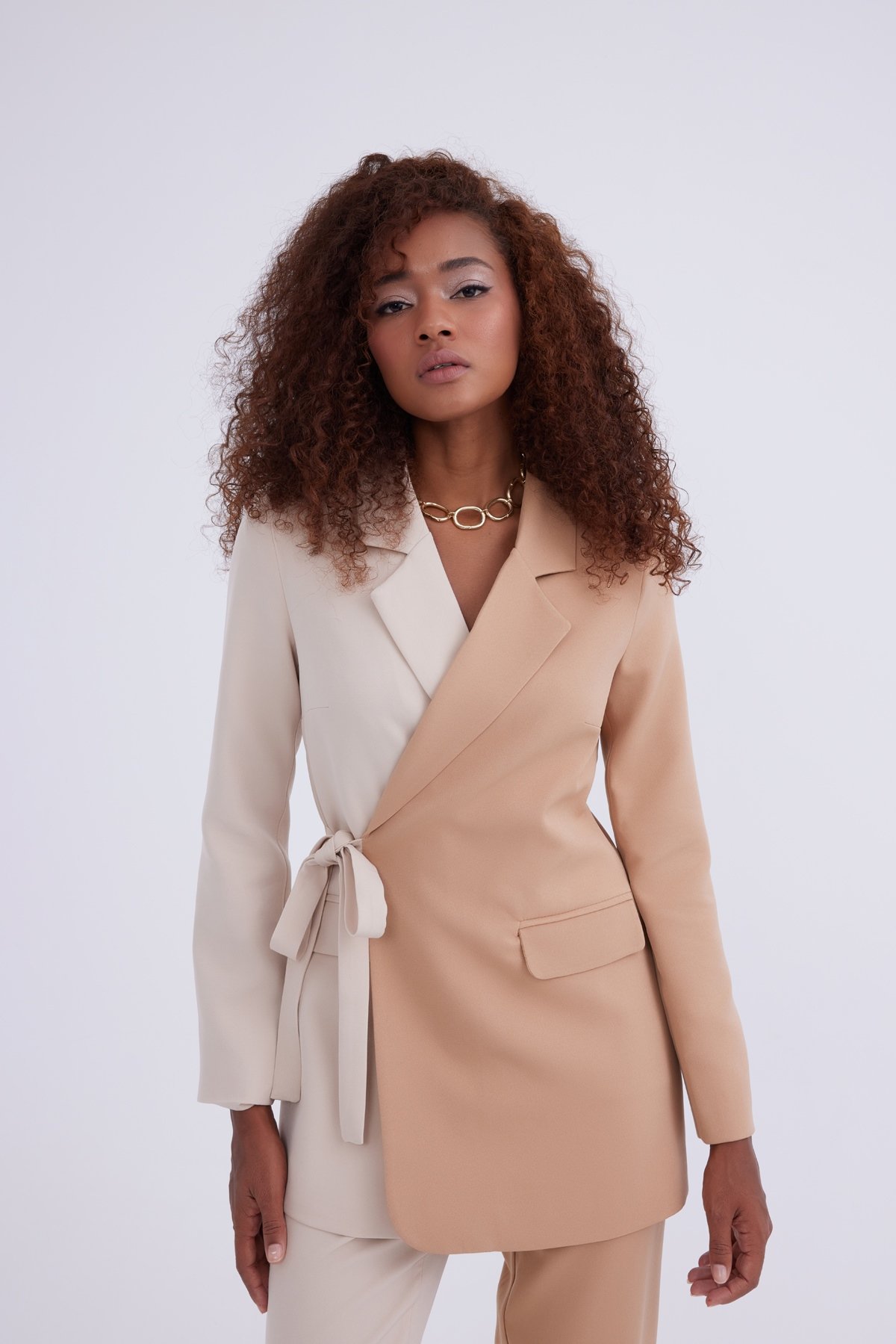 Bağlamalı kontrast ceket - BEJ-CAMEL