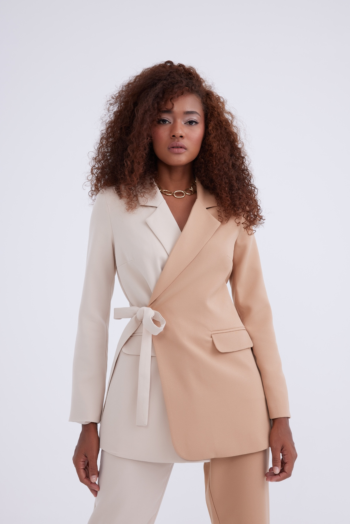 Bağlamalı kontrast ceket - BEJ-CAMEL