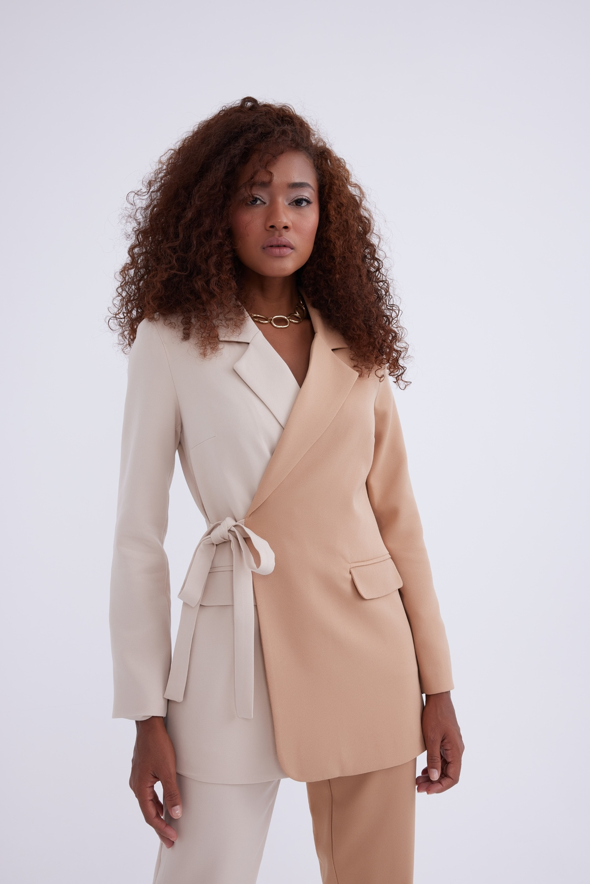 Bağlamalı kontrast ceket - BEJ-CAMEL