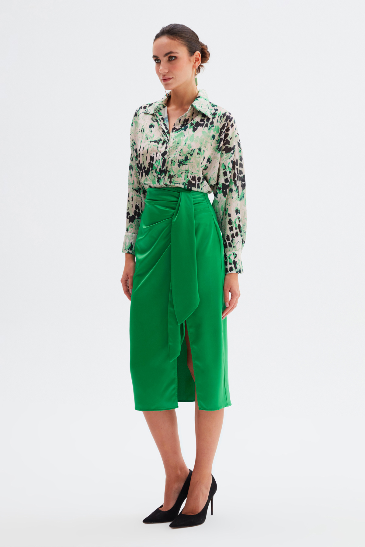 Bağlamalı Saten Etek - ZÜMRÜT