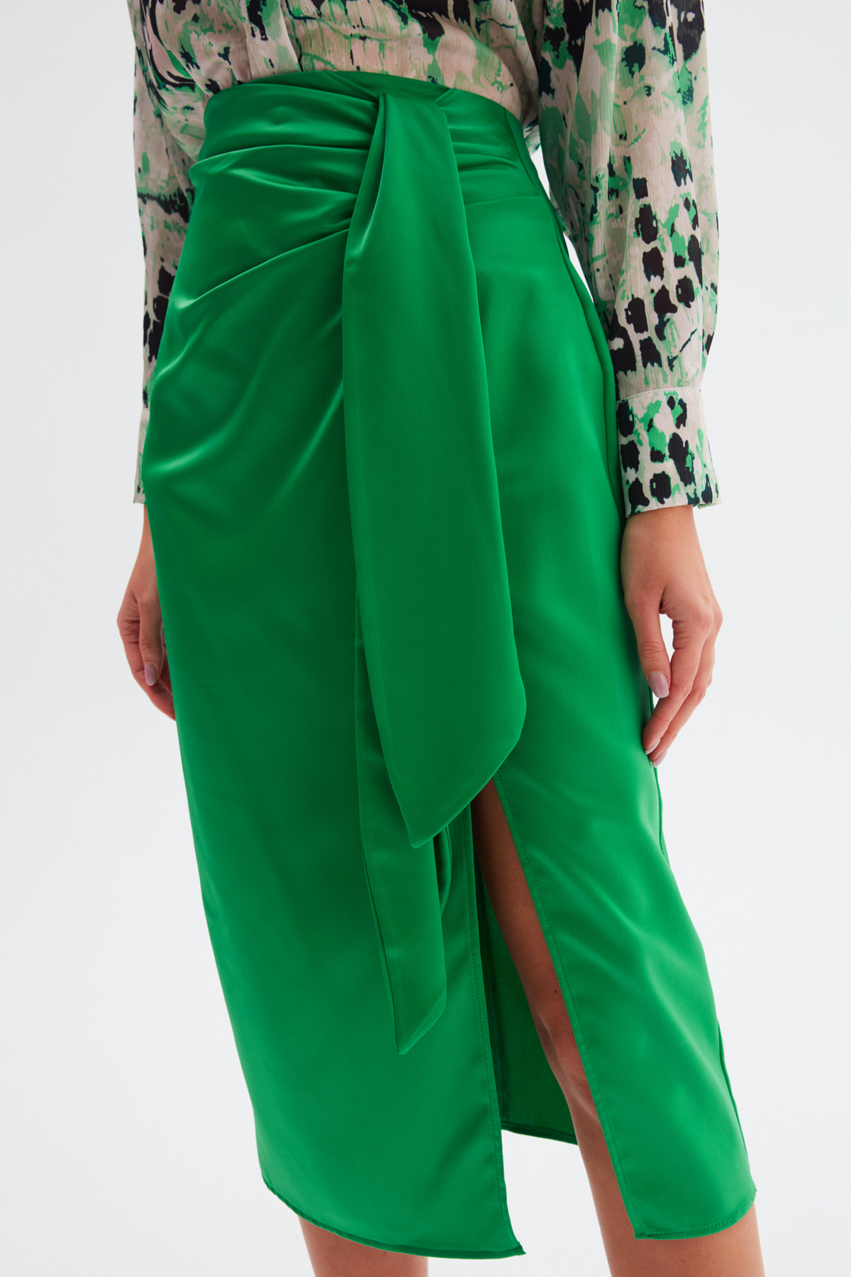 Bağlamalı Saten Etek - ZÜMRÜT