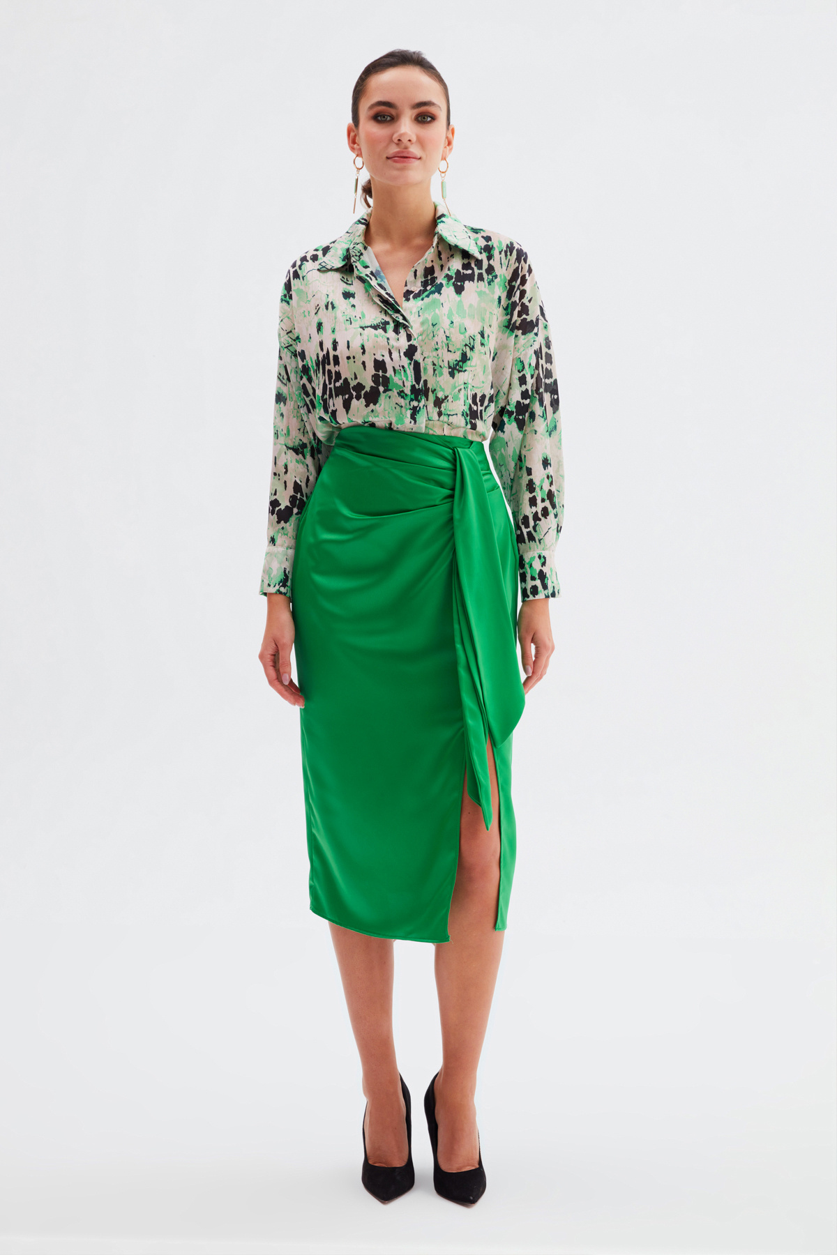 Bağlamalı Saten Etek - ZÜMRÜT