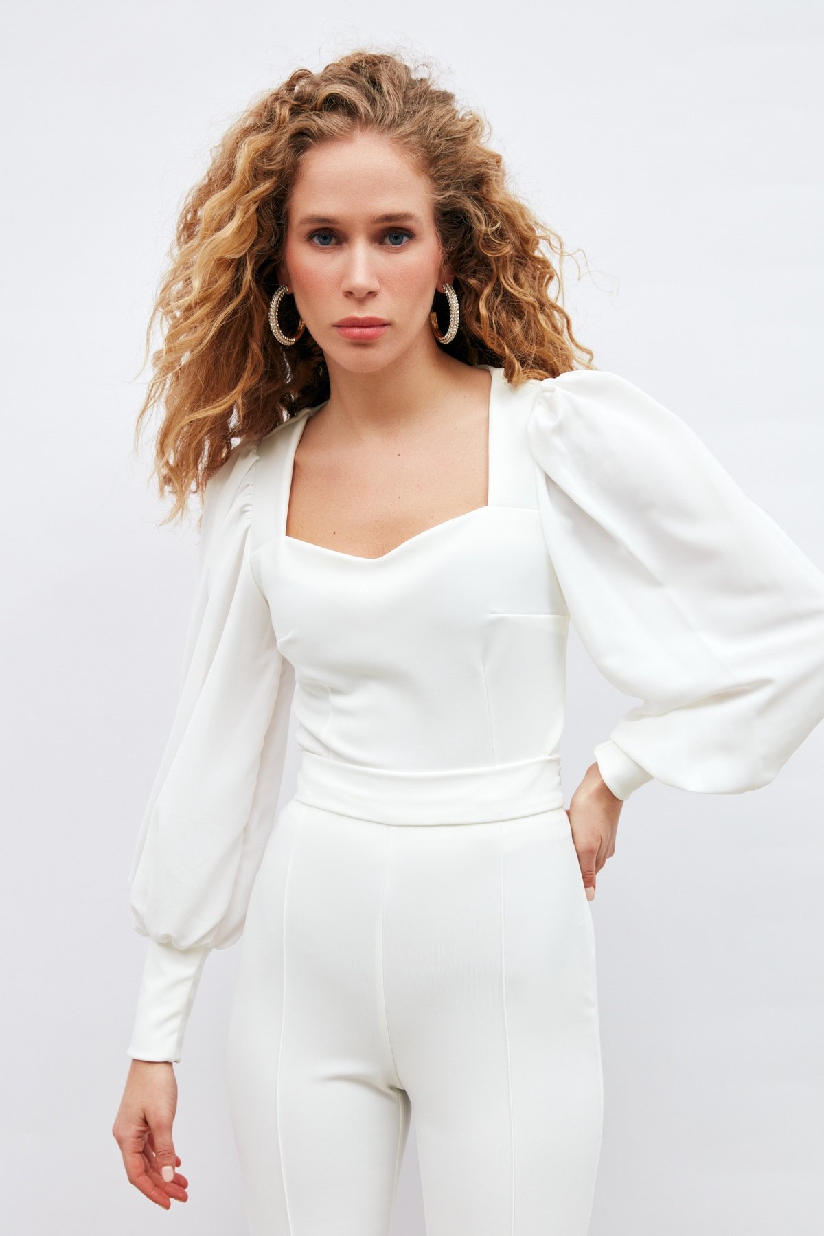 Balon Kol Crop Bluz - EKRU