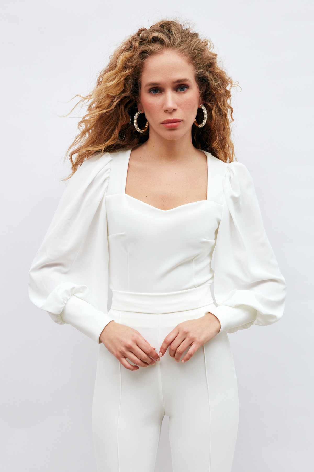 Balon Kol Crop Bluz - EKRU