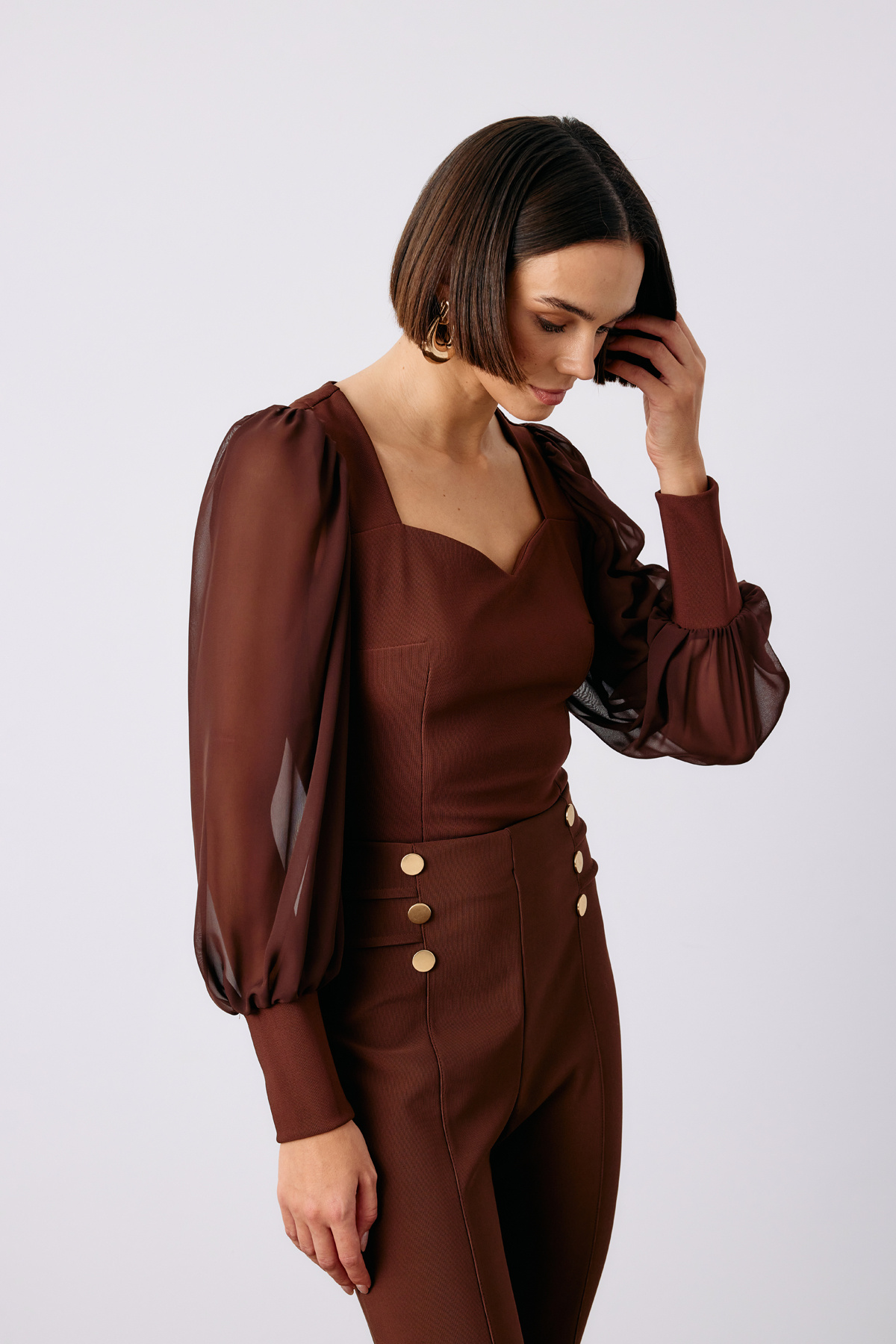 Balloon Sleeve Crop Blouse - BROWN