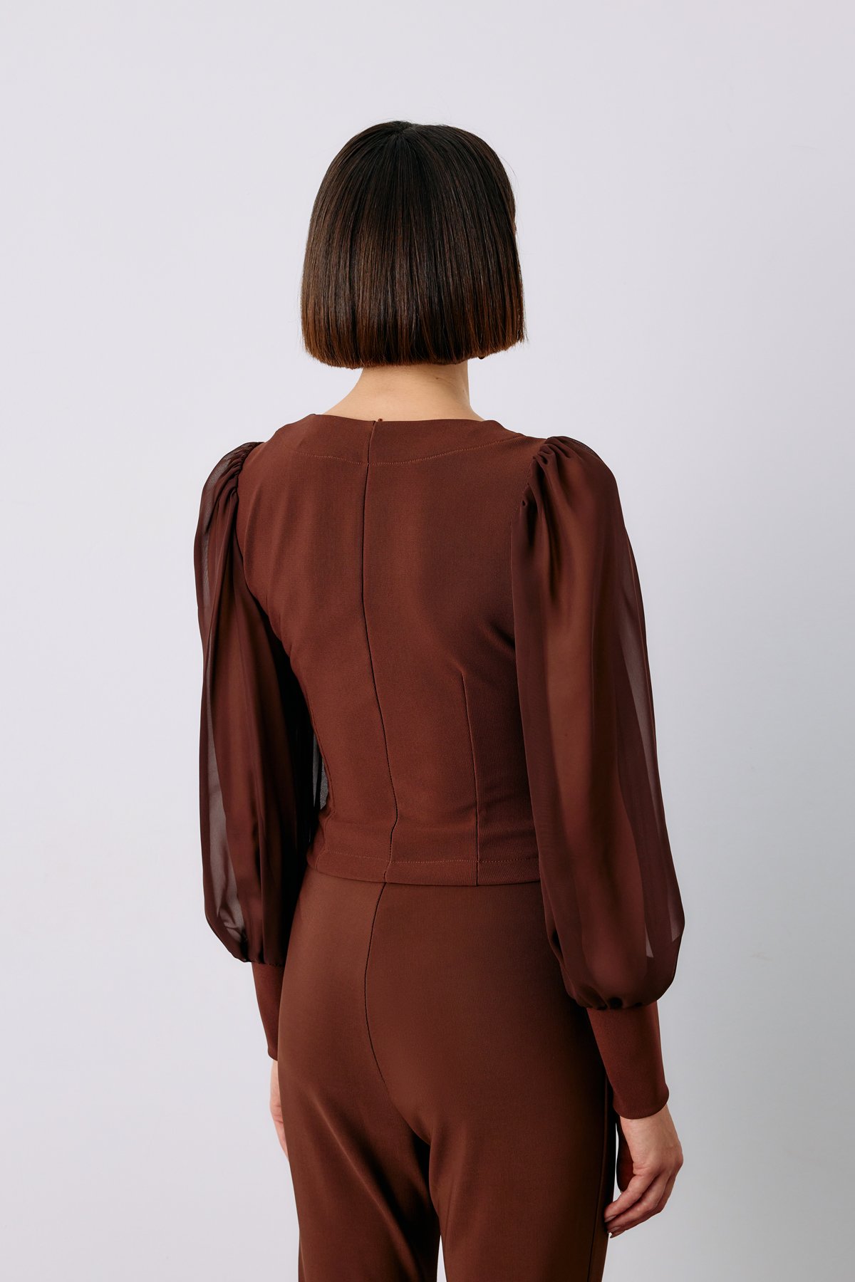 Balloon Sleeve Crop Blouse - BROWN