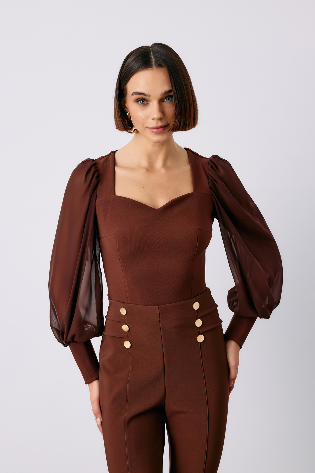 Balloon Sleeve Crop Blouse - BROWN