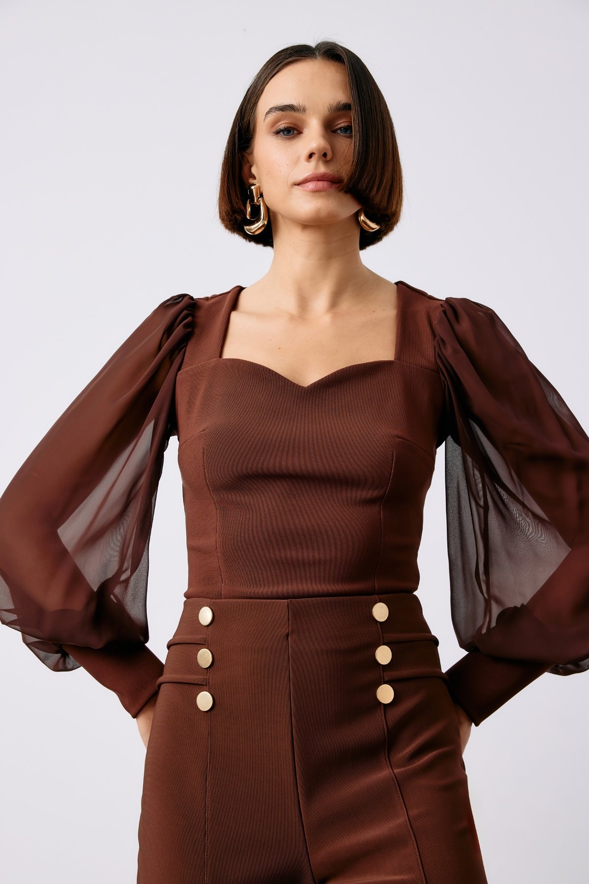 Balloon Sleeve Crop Blouse - BROWN