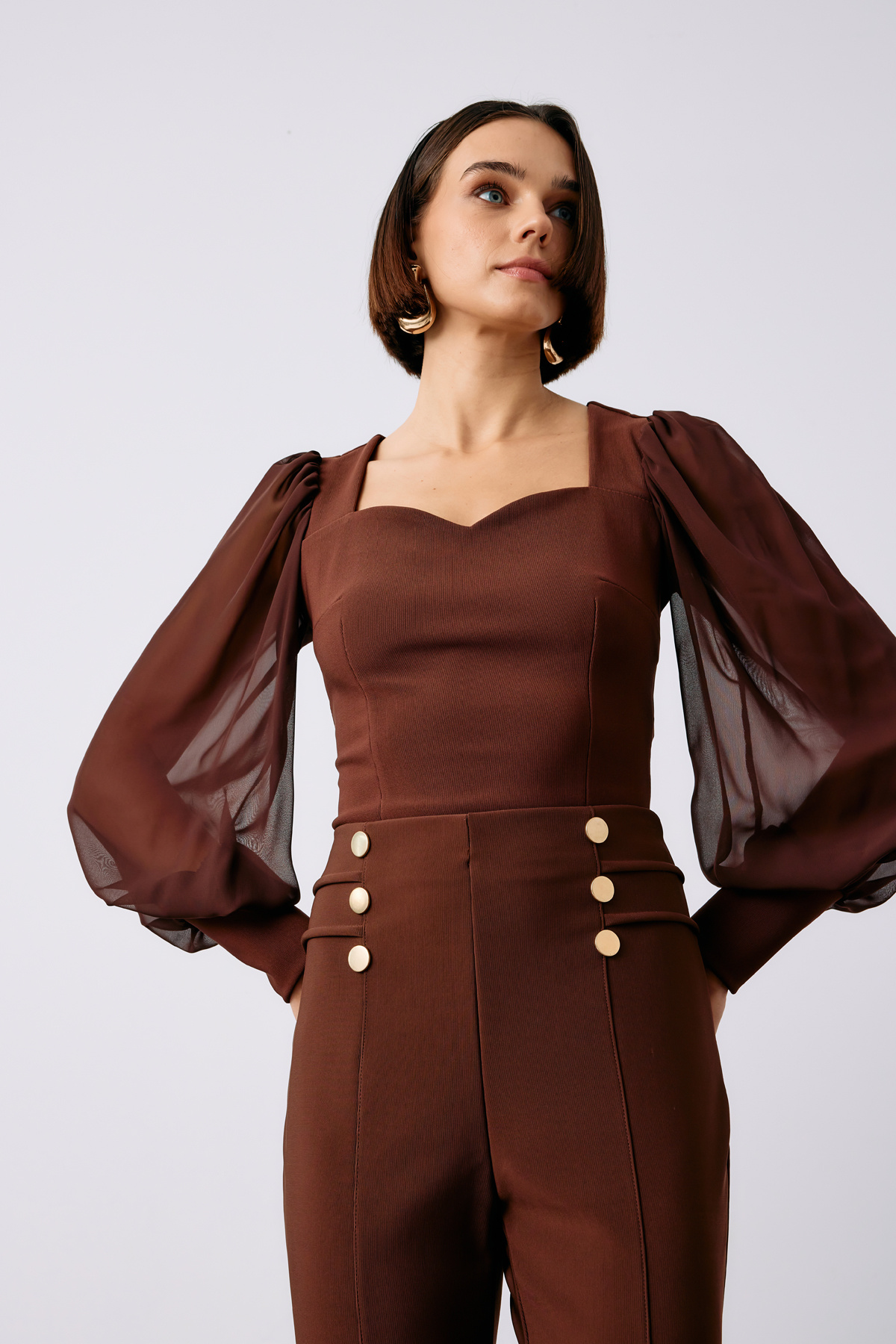 Balloon Sleeve Crop Blouse - BROWN
