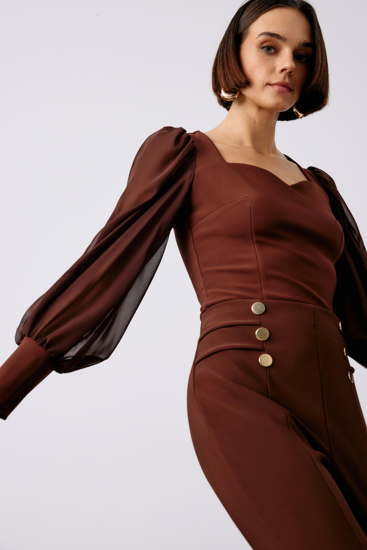 Balloon Sleeve Crop Blouse - BROWN