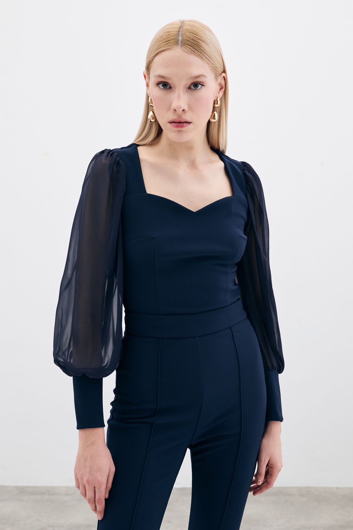 Balloon Sleeve Crop Blouse - Blue