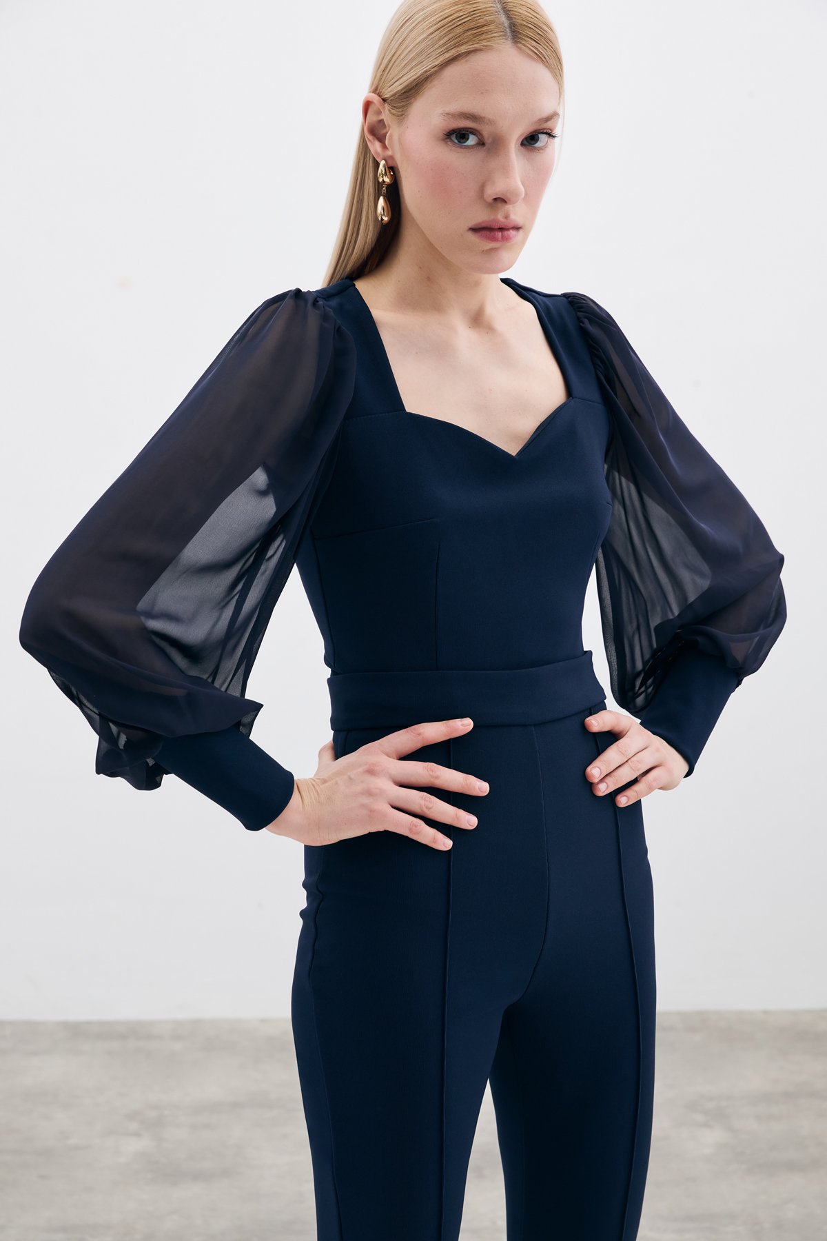 Balloon Sleeve Crop Blouse - Blue