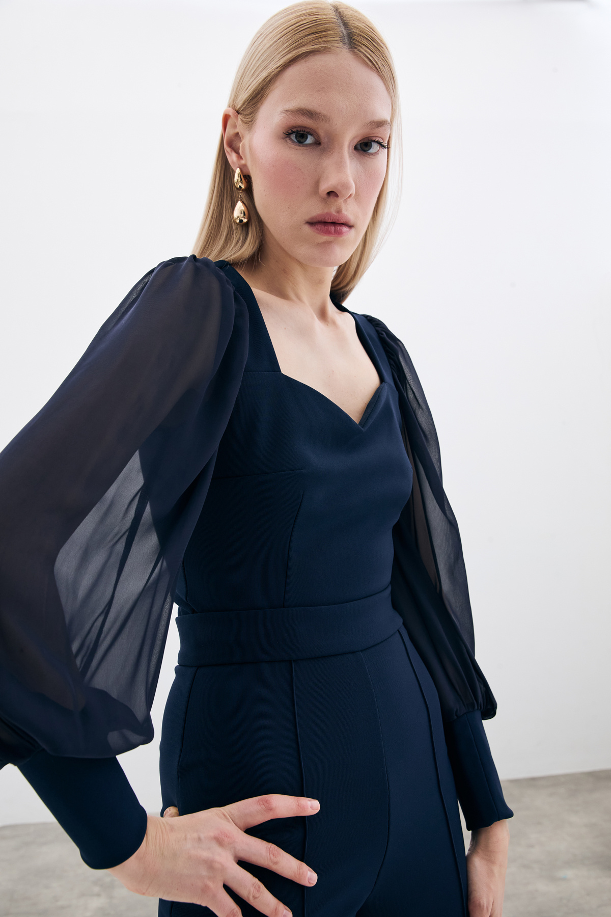 Balloon Sleeve Crop Blouse - Blue