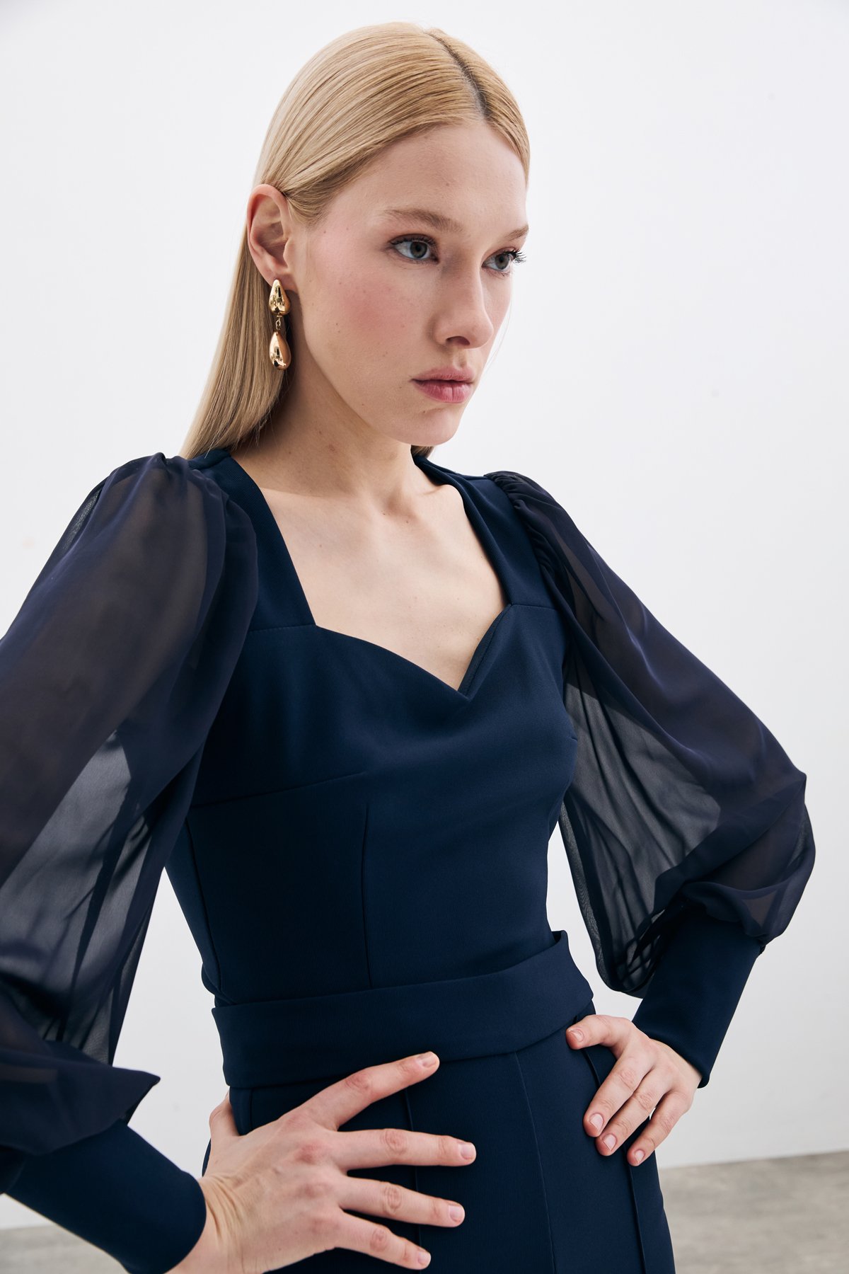 Balloon Sleeve Crop Blouse - Blue