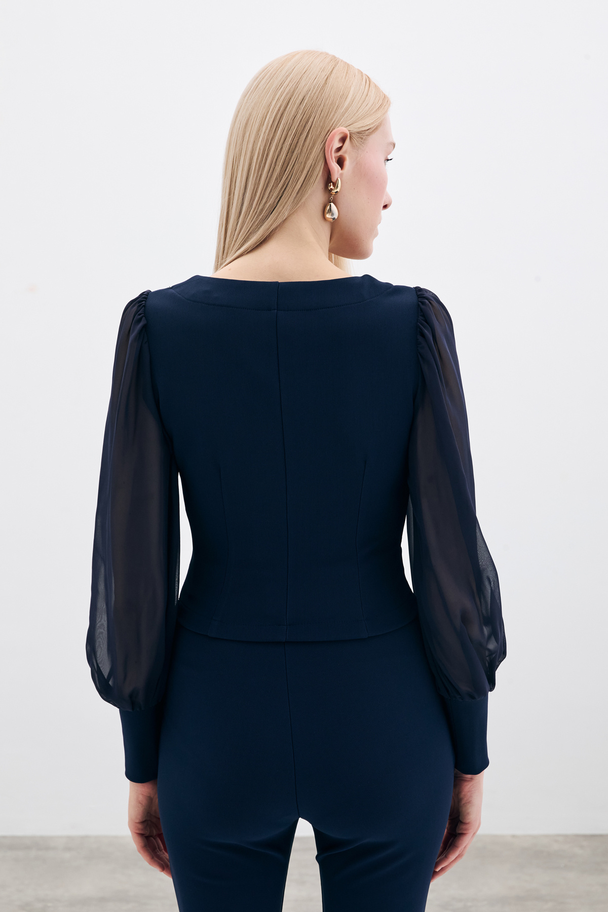 Balloon Sleeve Crop Blouse - Blue