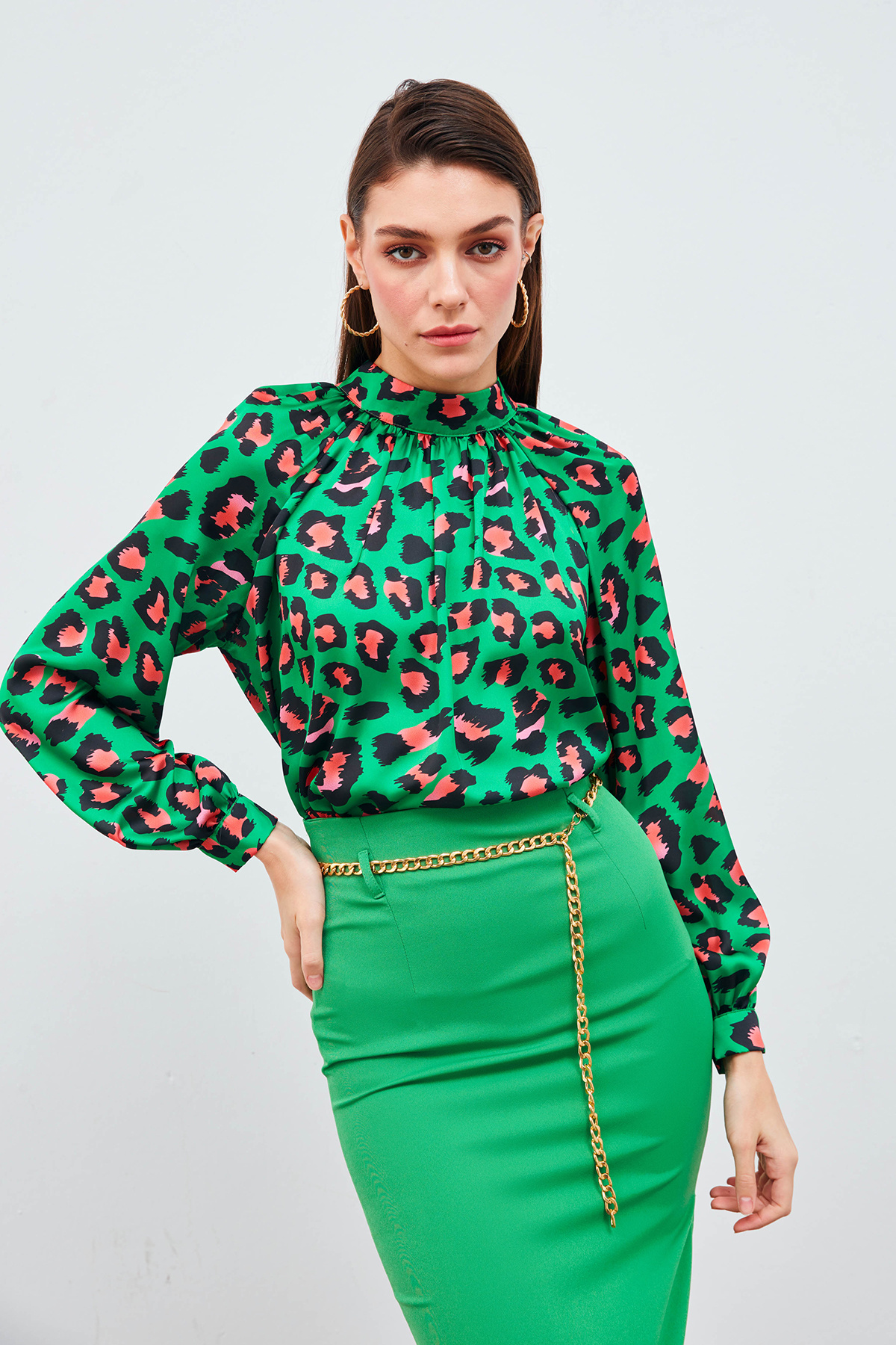 Balloon Sleeve Patterned Blouse - GREEN
