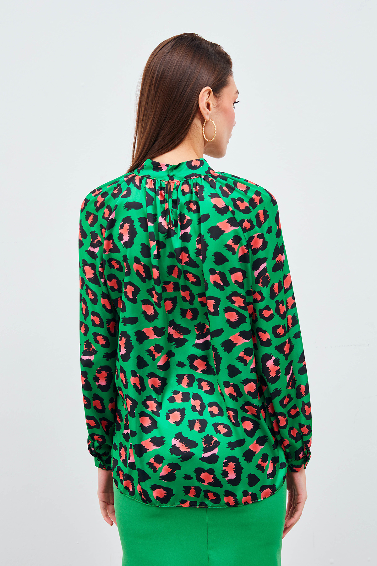 Balloon Sleeve Patterned Blouse - GREEN