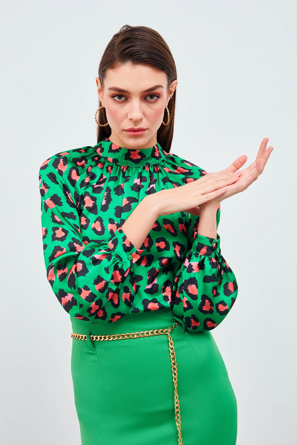 Balloon Sleeve Patterned Blouse - GREEN
