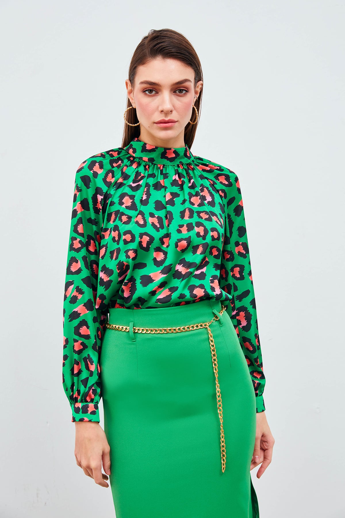 Balloon Sleeve Patterned Blouse - GREEN