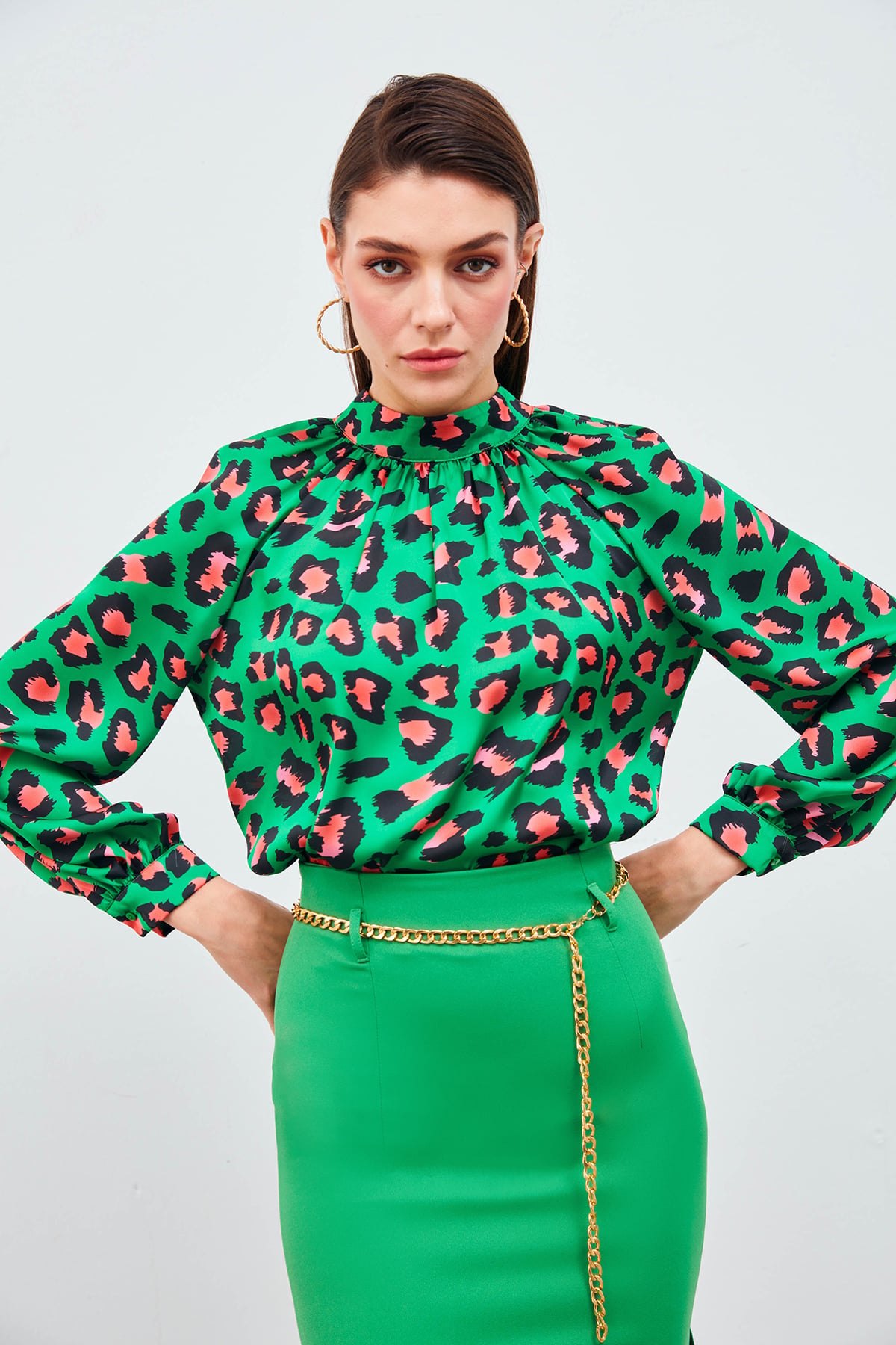 Balloon Sleeve Patterned Blouse - GREEN