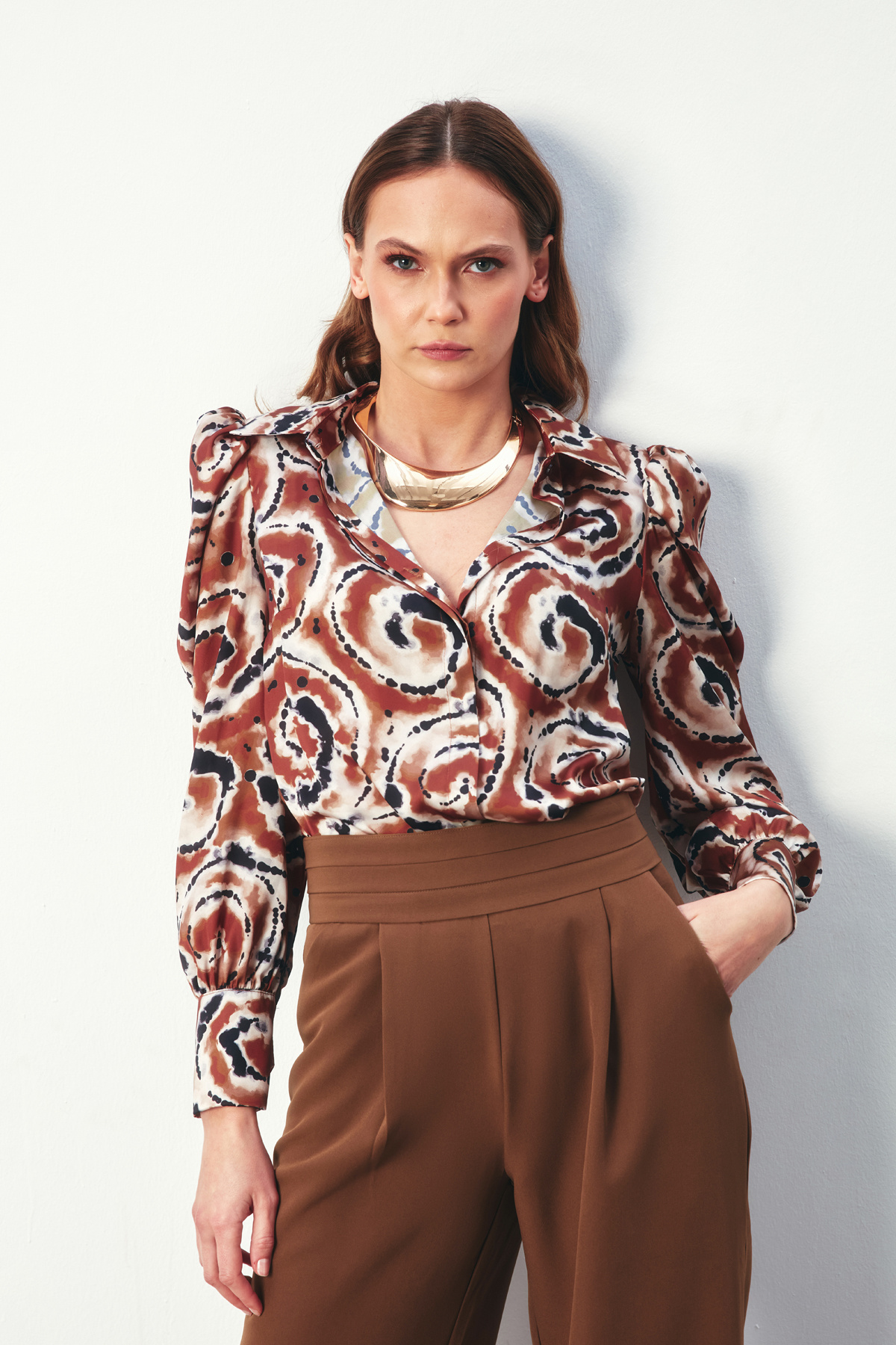 Balon Kol Desenli Gömlek - KAHVE