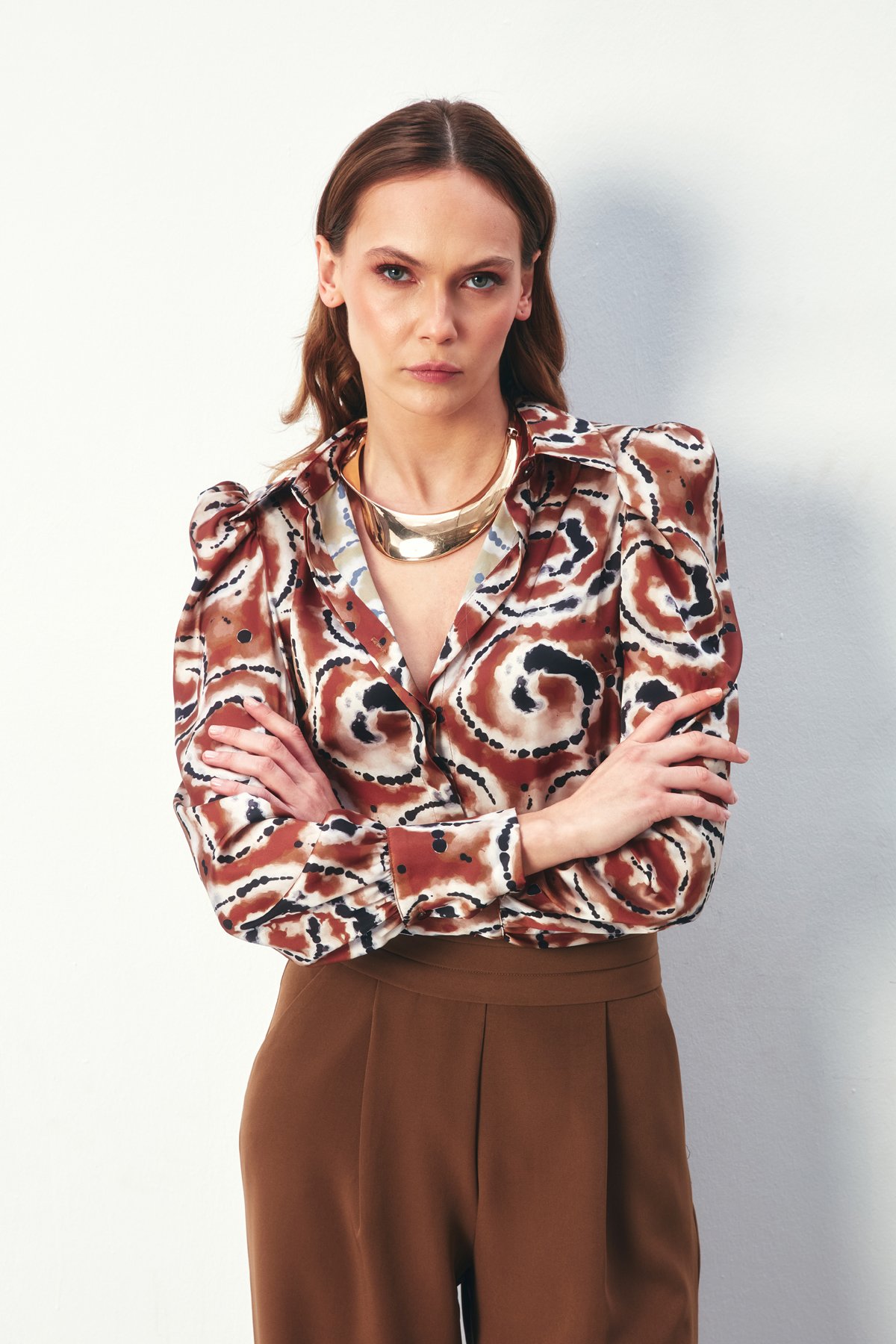 Balon Kol Desenli Gömlek - KAHVE