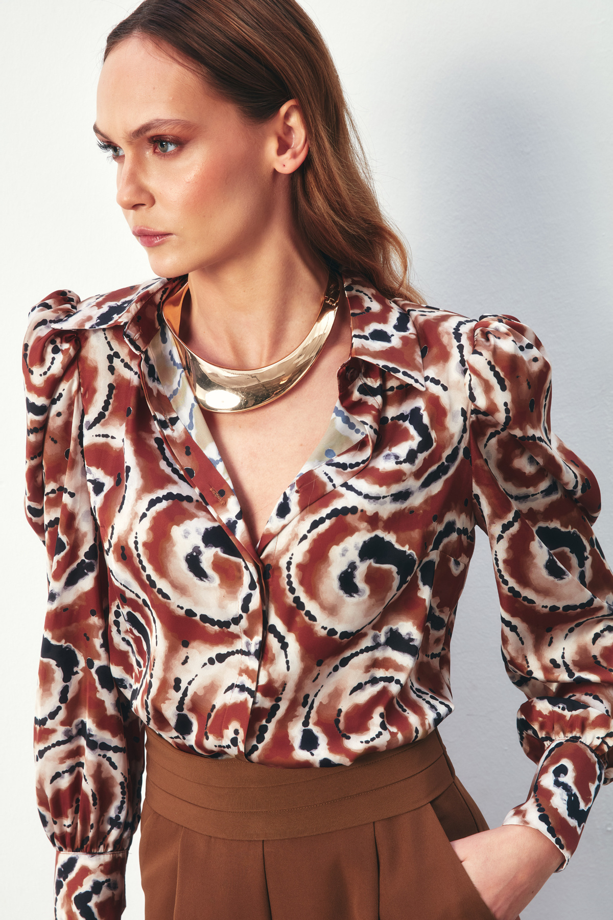 Balon Kol Desenli Gömlek - KAHVE