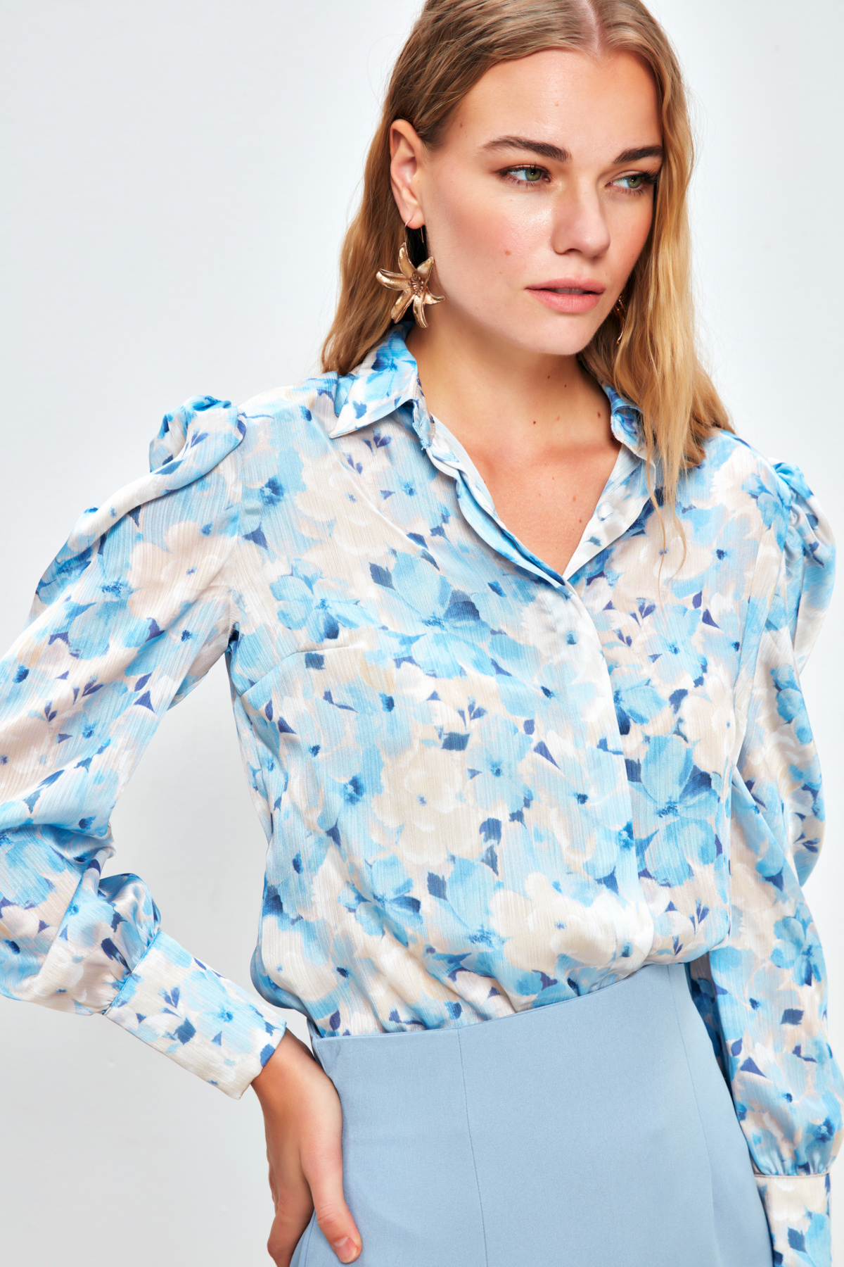 Balon Kol Desenli Gömlek - MAVİ