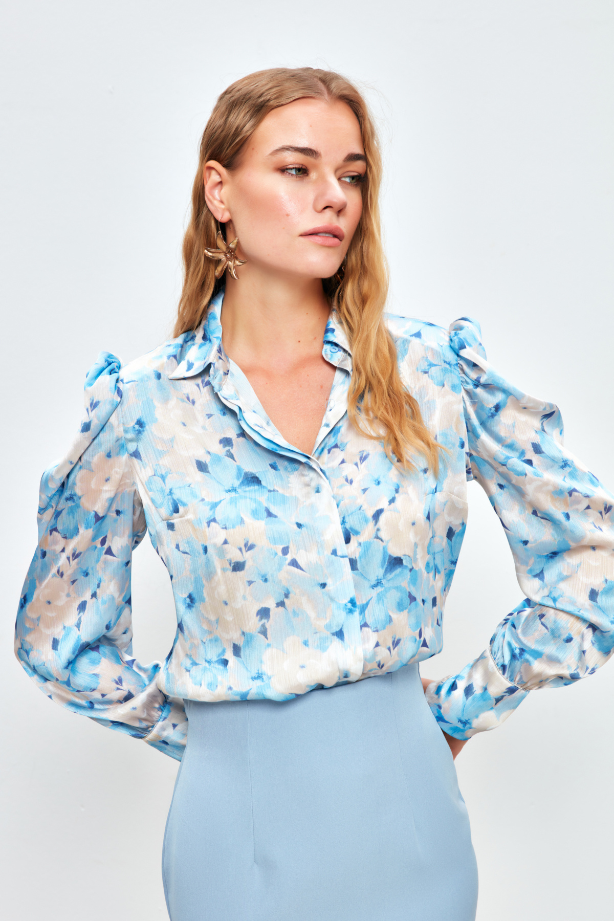 Balon Kol Desenli Gömlek - MAVİ