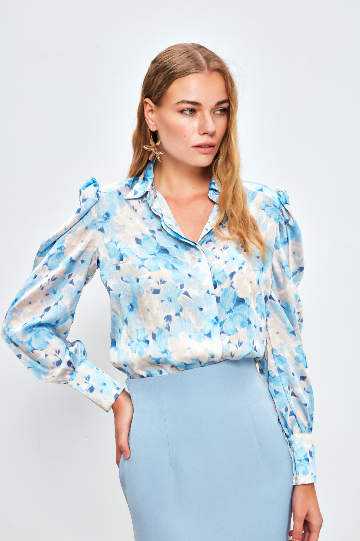 Balon Kol Desenli Gömlek - MAVİ