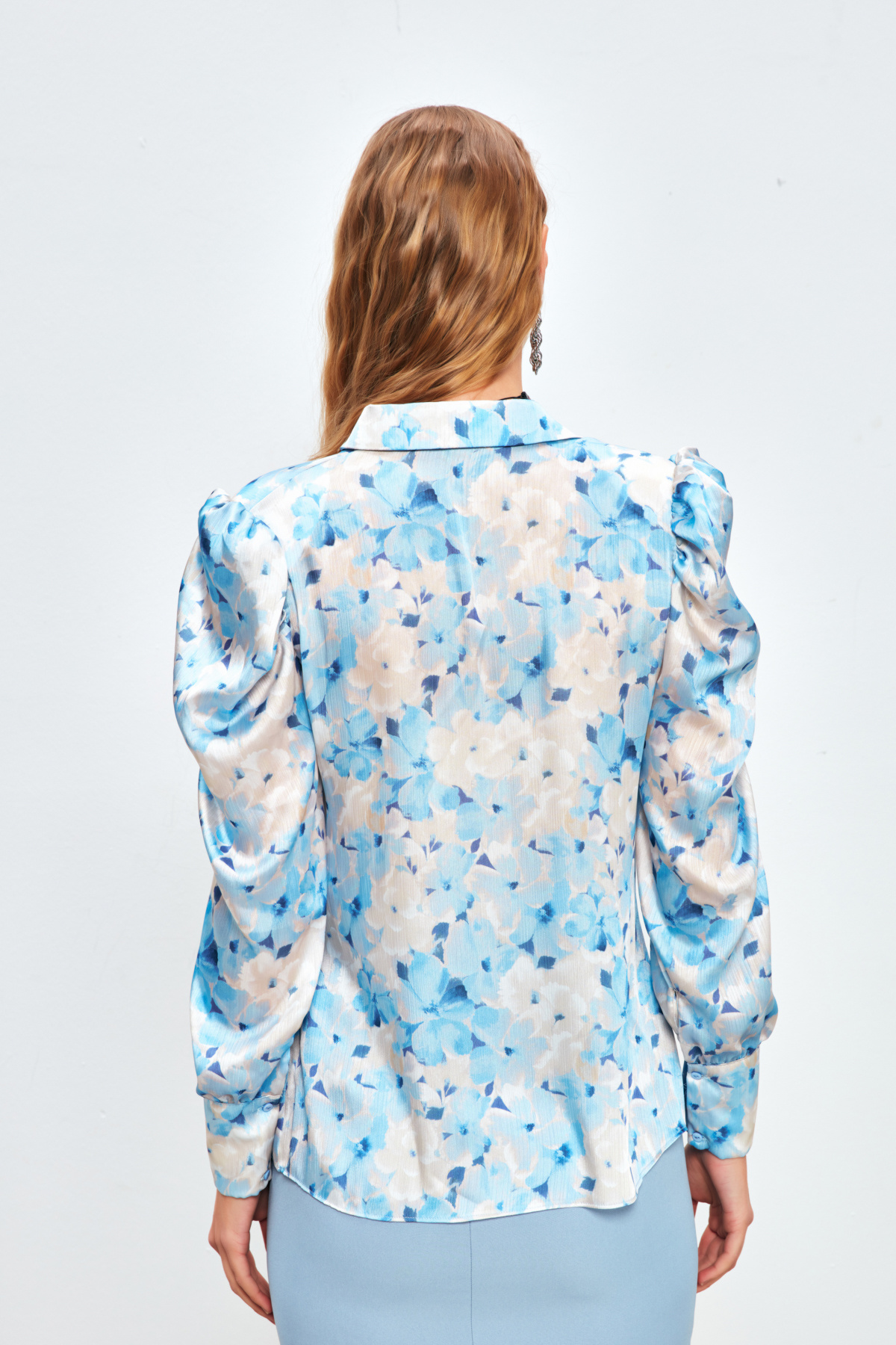 Balon Kol Desenli Gömlek - MAVİ