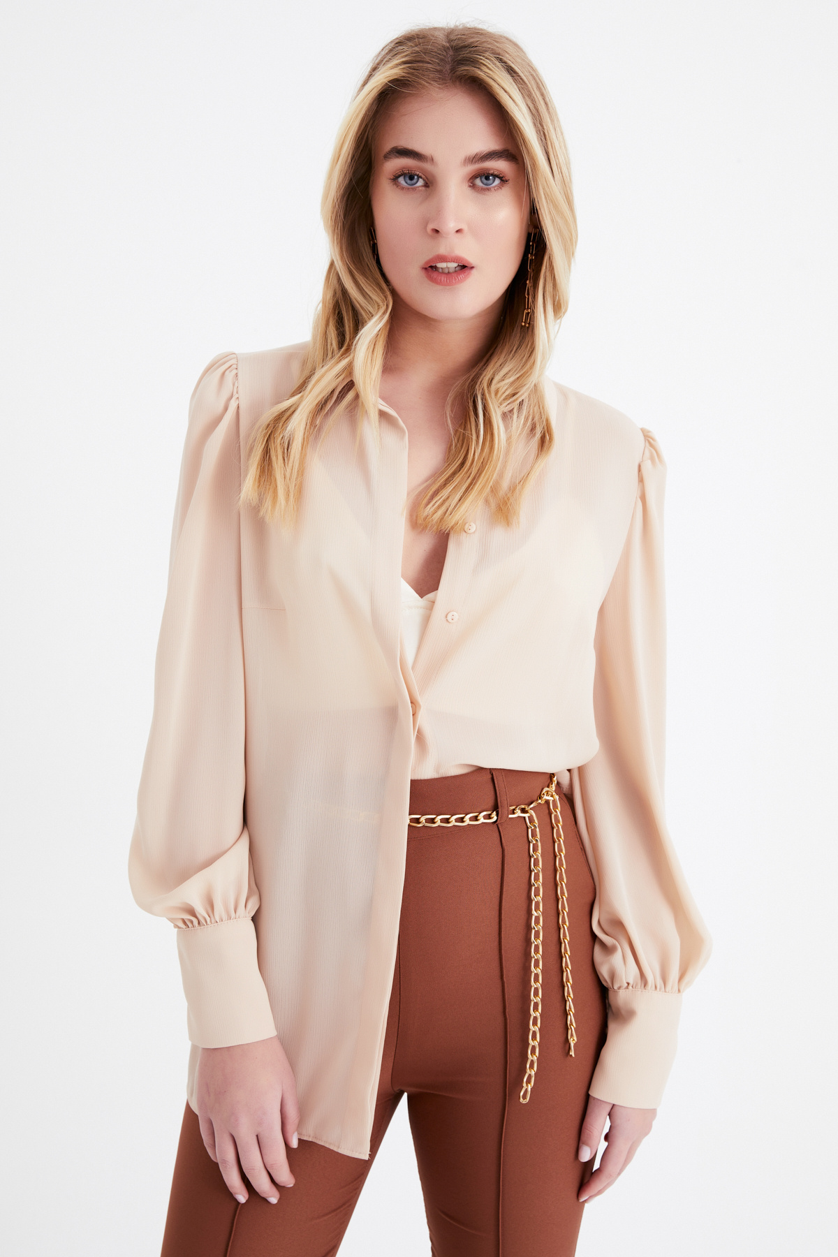 Balloon sleeve shabby shirt - BEIGE