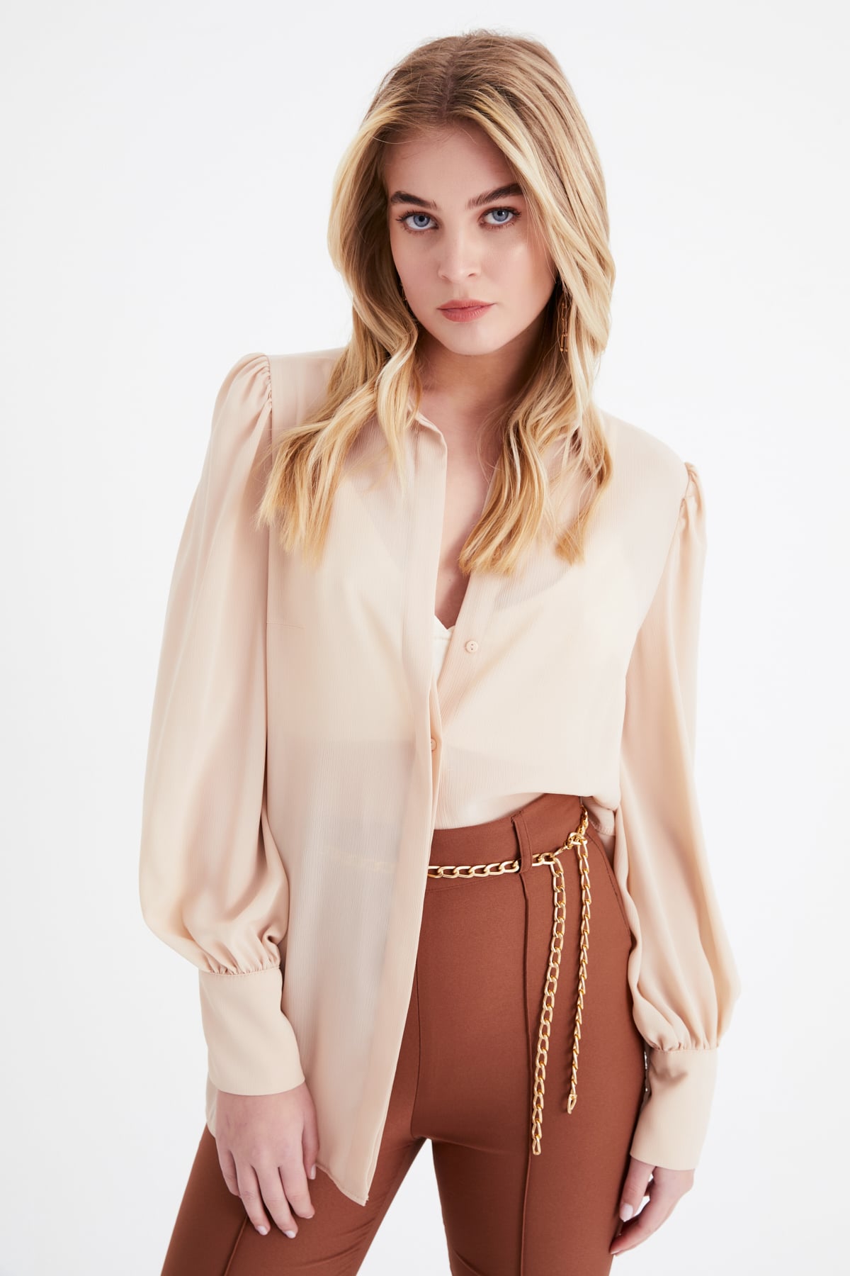 Balloon sleeve shabby shirt - BEIGE