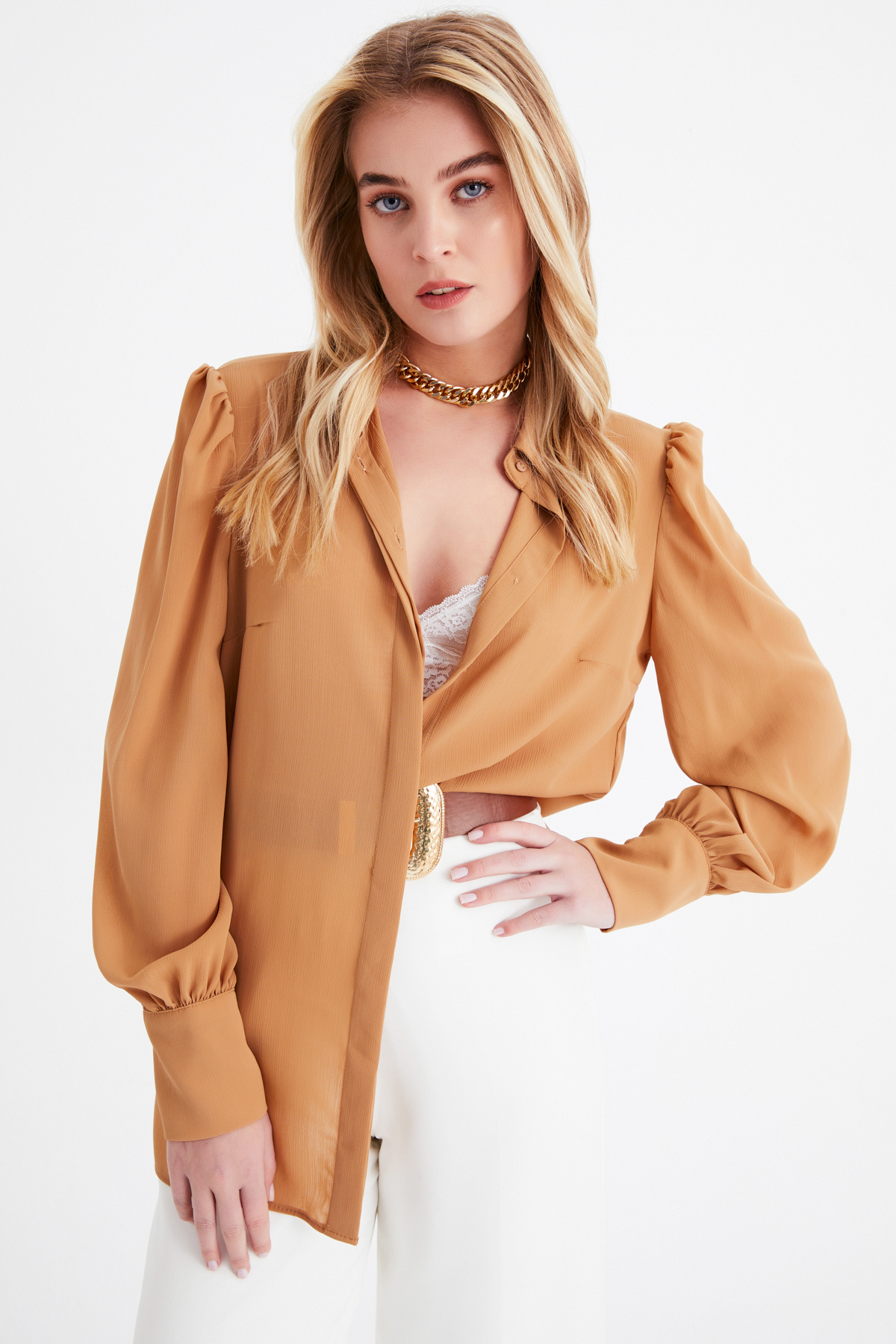 Balloon sleeve shabby shirt - CAMEL