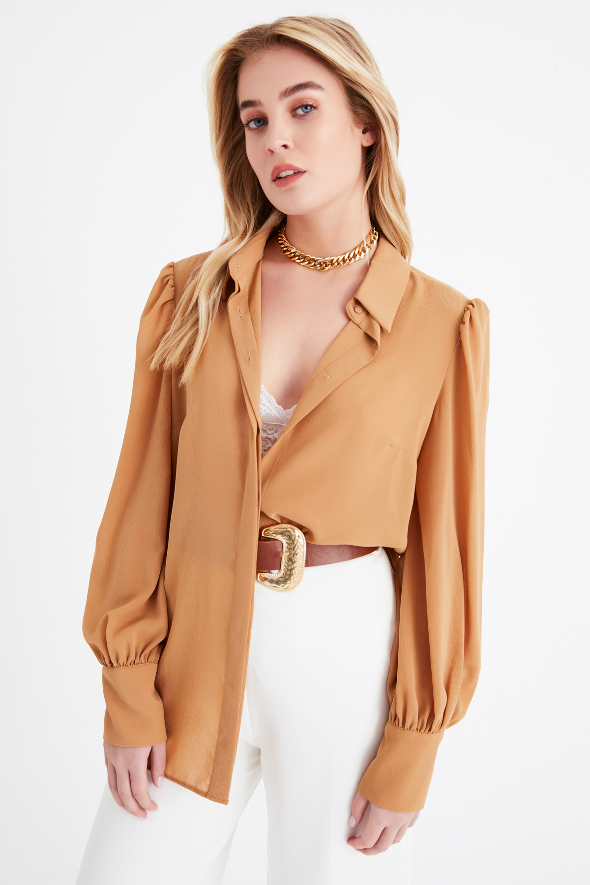 Balloon sleeve shabby shirt - CAMEL